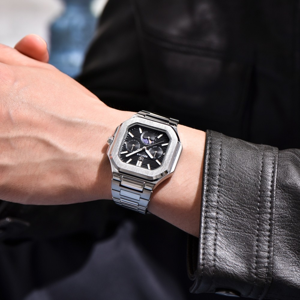 Men’s Quartz Watch Moonphase Hardlex Crystal Luminous Waterproof Stainless Steel