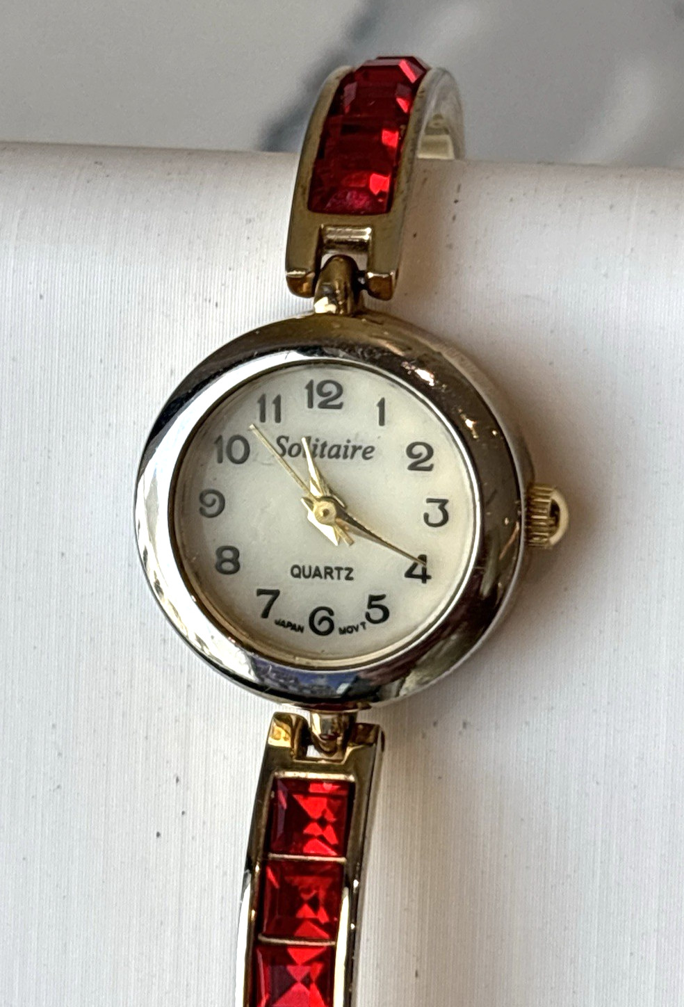 Dazzling Solitaire Two-Tone Ladies Watch Red Stone Inlay, Gifts for Her