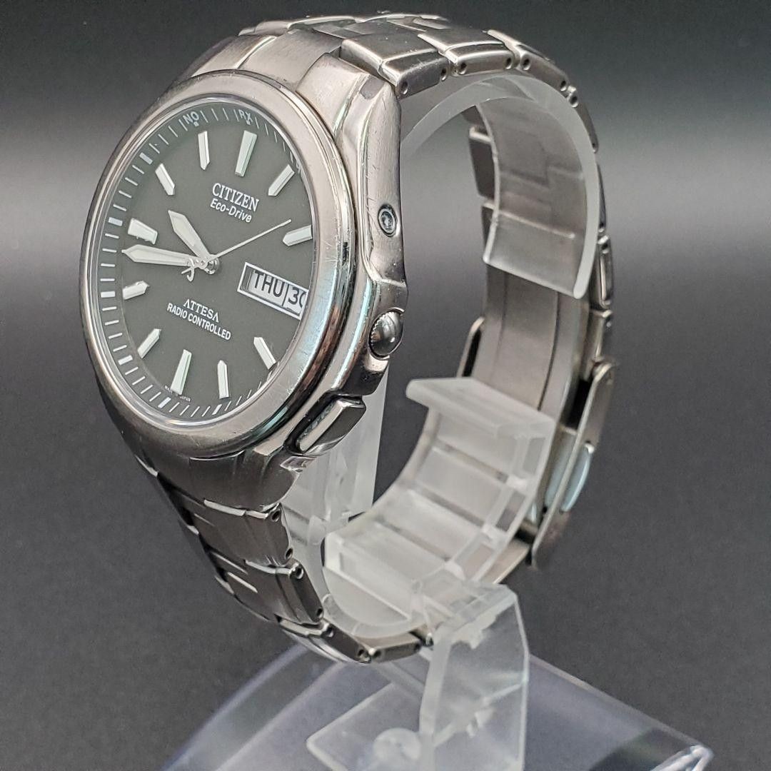 Citizen Attesa H100-T010431 Eco-Drive Radio Day Date Black Dial Titanium Watch