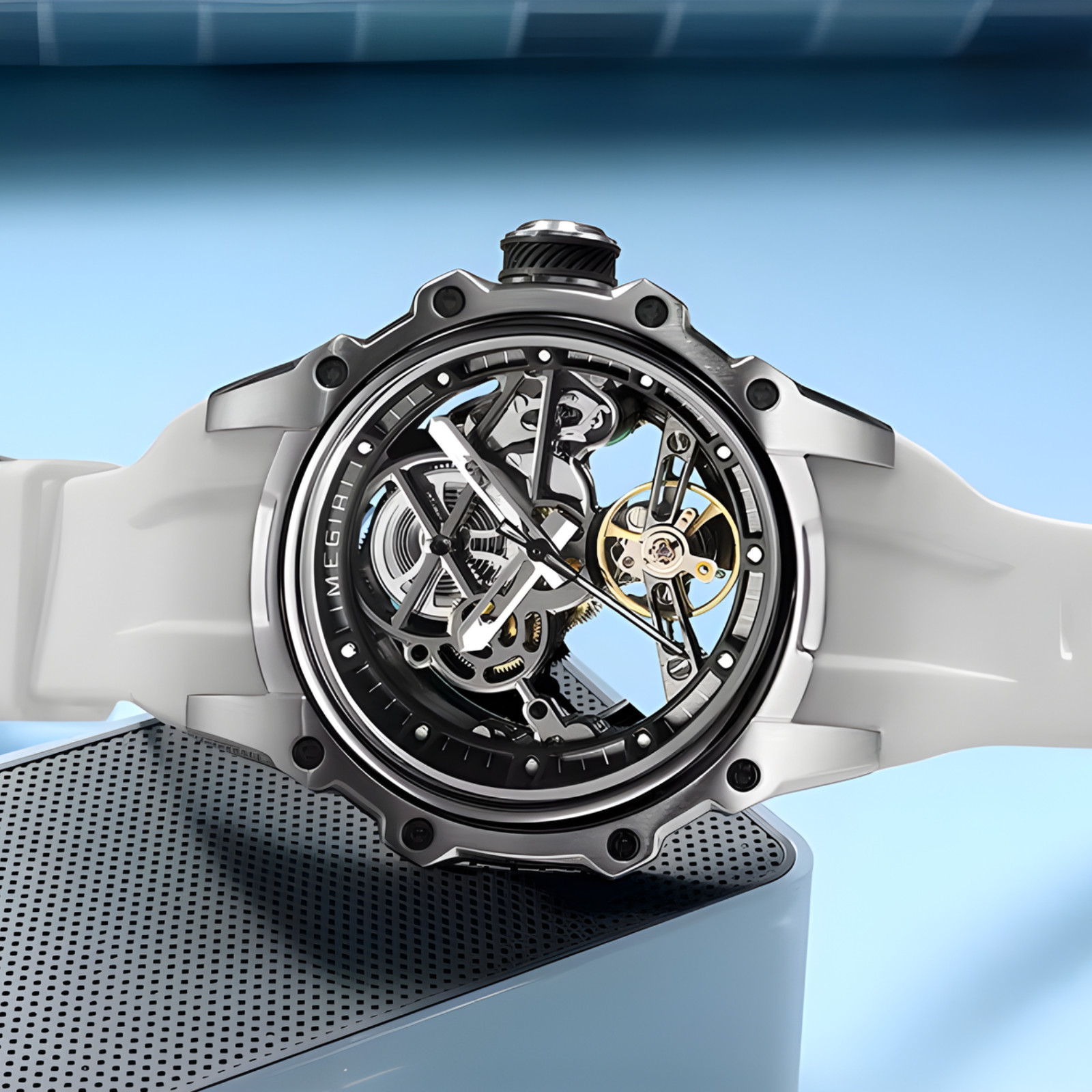 Megir 2243 Automatic Skeleton Watch 43mm Steel Case White Strap – UK Seller