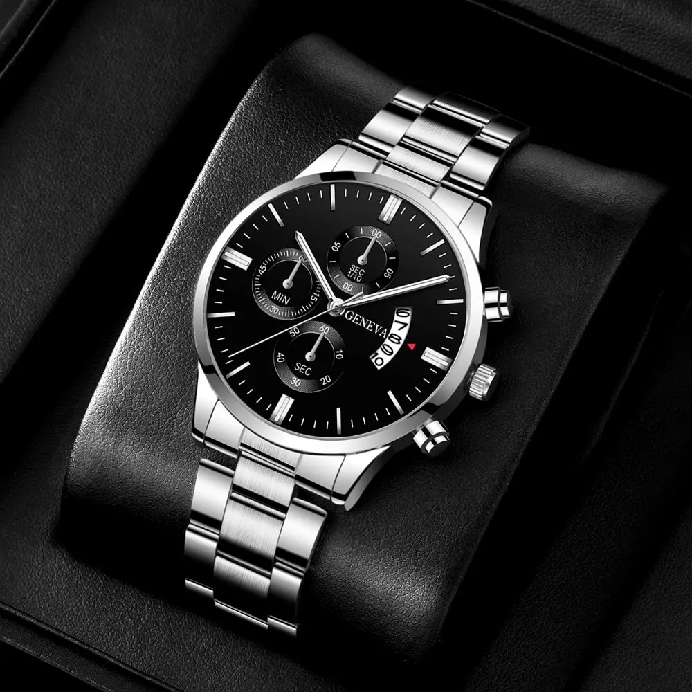 Luxury Men’s Silver Stainless Steel Quartz Business Watch with Calendar