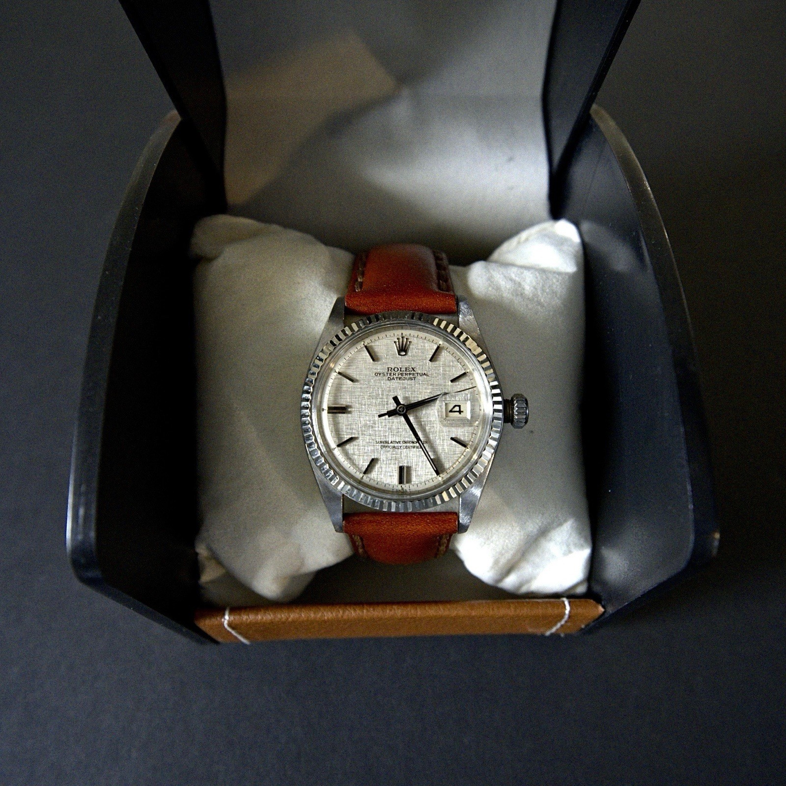 Vintage Rolex Datejust 1600 Linen Dial Pie Pan 36mm Automatic Watch c.1972