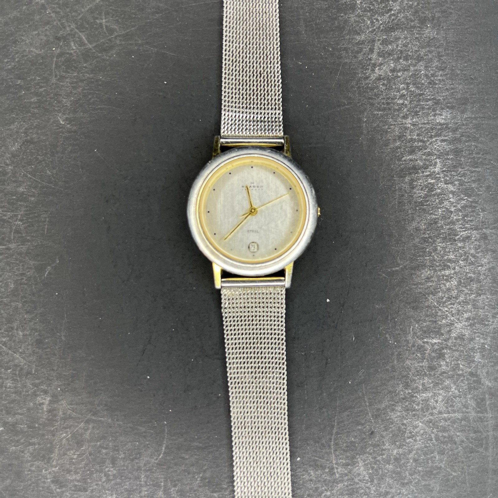 Skagen 28mm Silver Case Silver Dial Gold Hands Dot Indices SS Mesh Band, 7.25″