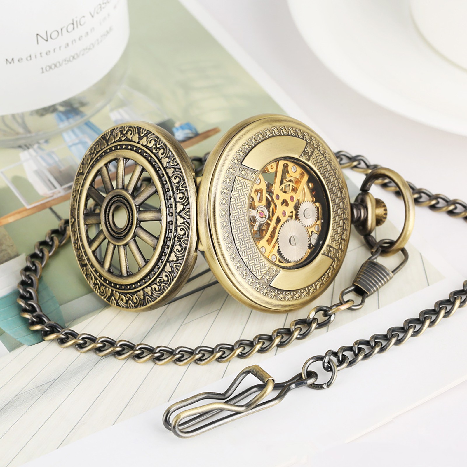 Vintage Mechanical Alloy Skeleton Roman Numeral Double Half Hunter Pocket Watch