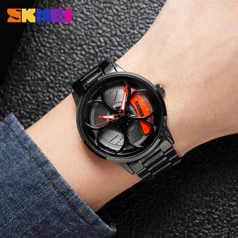 Luxury Car Rim Style Watch Rotating Wheel Stainless Steel Sports Wristwatch Gift