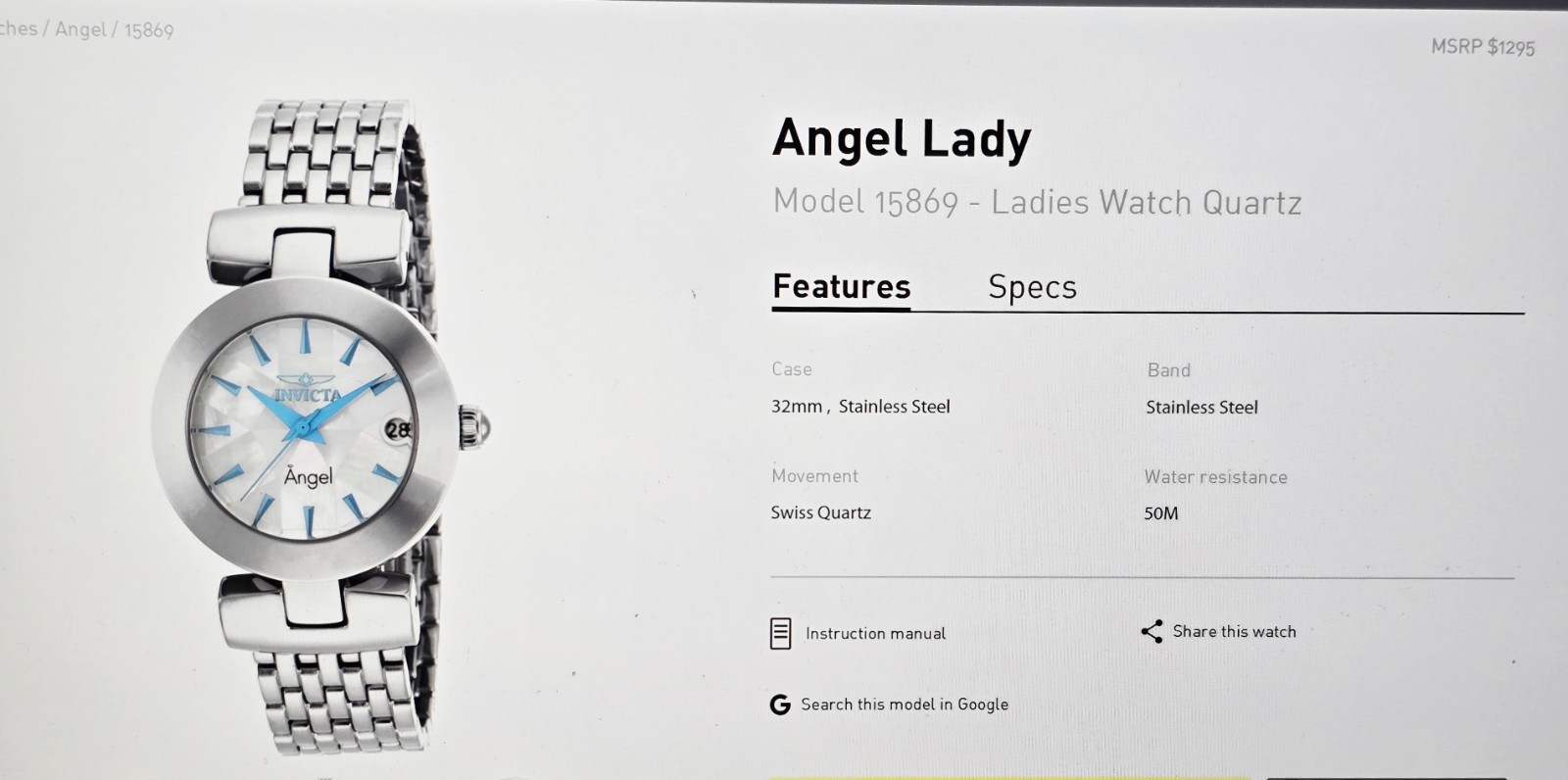 Invicta Angel Watch 15869 Mosaic Face, Silver Color, Blue Hands & Indices Runs