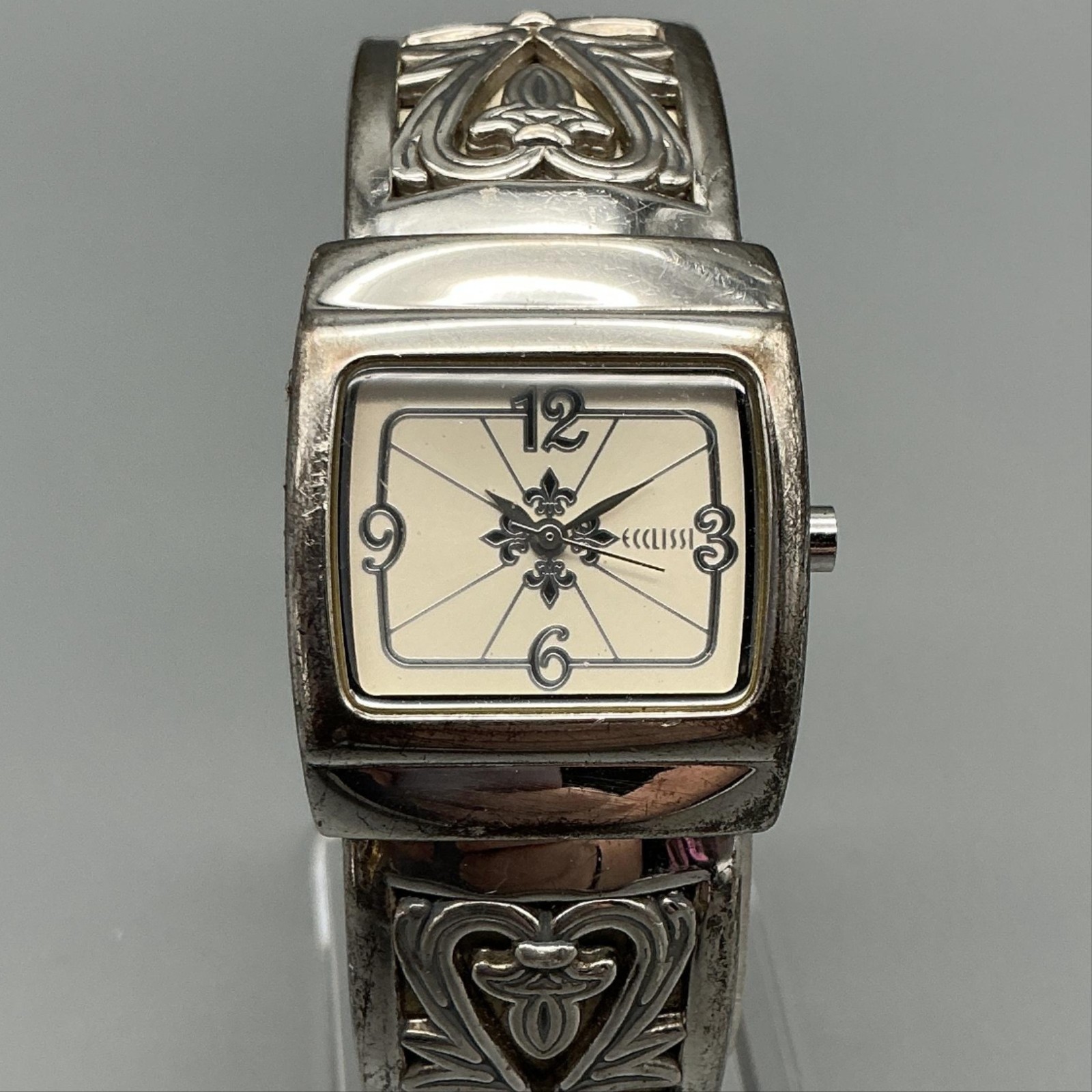 Ecclissi Womens Watch 27mm Sterling Silver Heart Scrolled Bangle New Battery