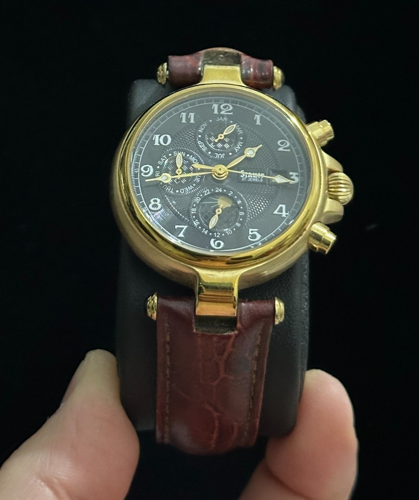 Stauer Chronograph Beautiful 27 Jewels DS14685 93 Gold Tone Automatic Mens Watch