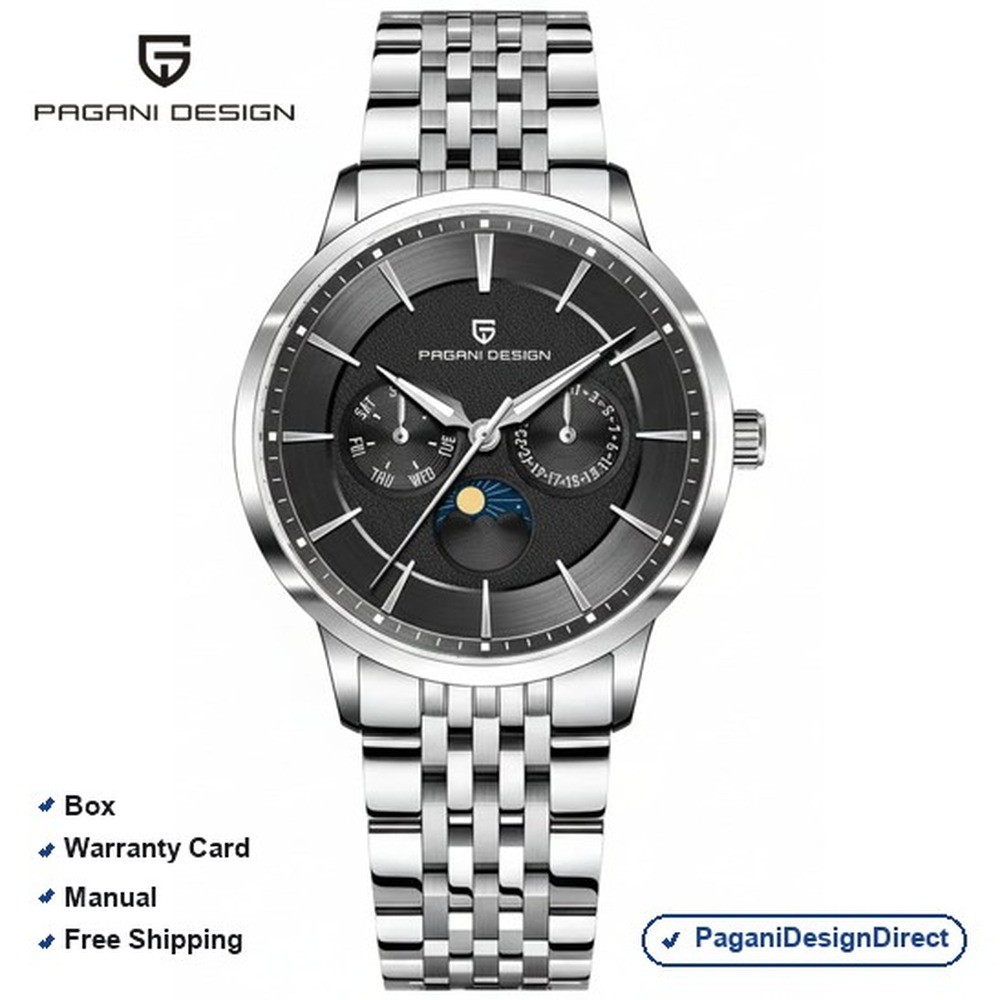 Pagani Design PD-1795 Silver Black Moonphase Stainless Steel Men’s Watch