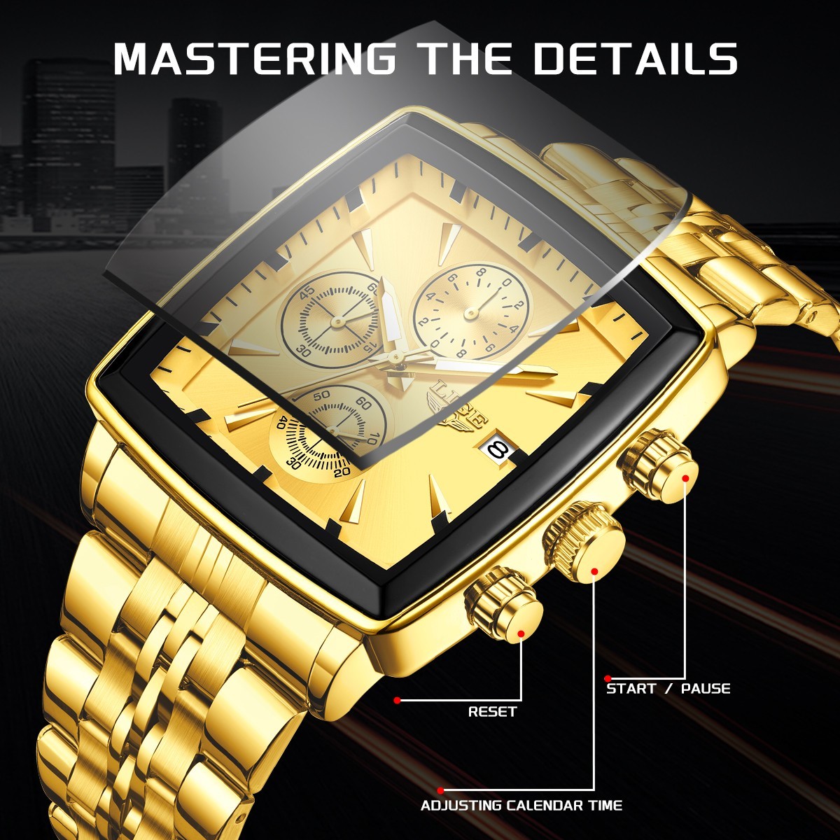 Mens Watch Quartz Multifunction Luminous Chronograph Male Steel Wristwatch Gold