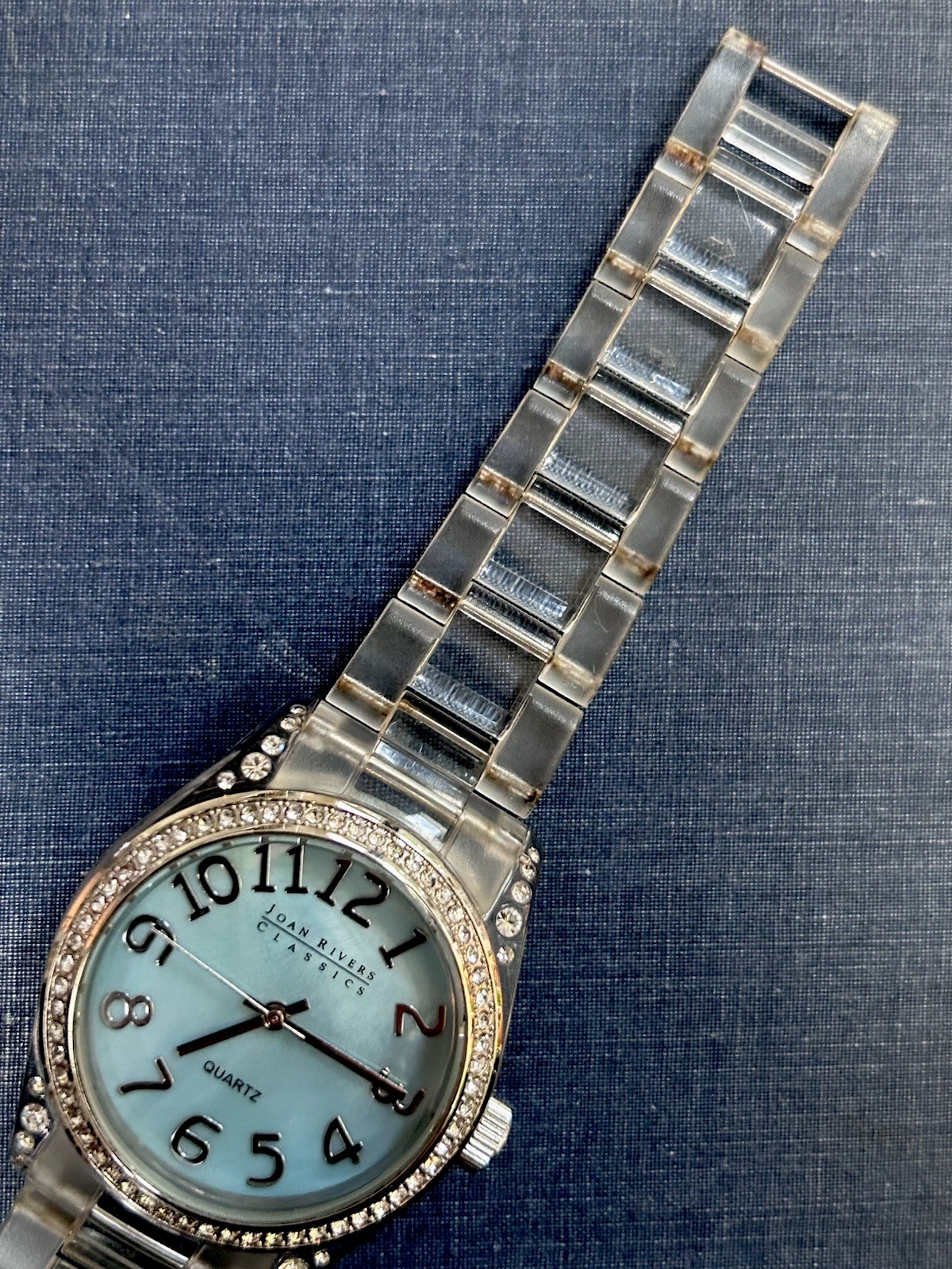 JOAN RIVERS CLASSICS Ladies Watch Rhinestones Blue Pearlescent Face Acrylic Band