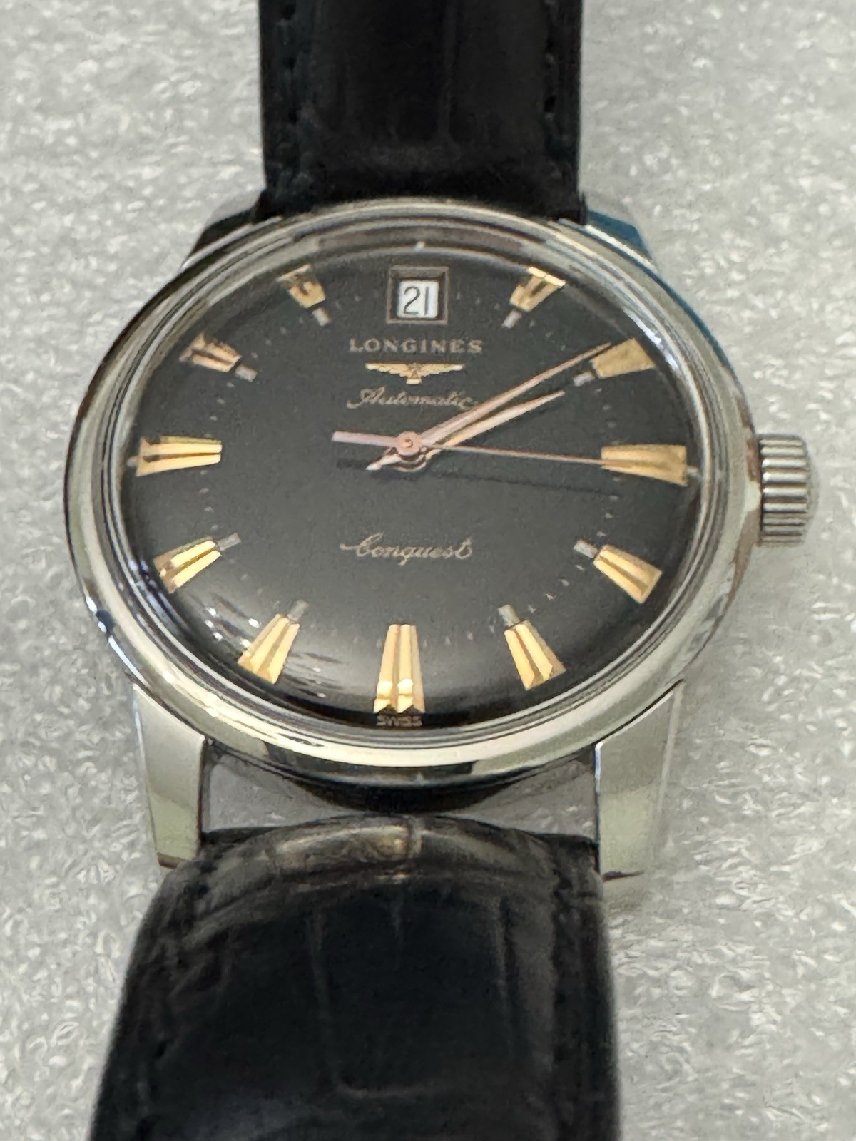 Longines Conquest Automatic Black Dial Date Alligator Leather Strap Watch