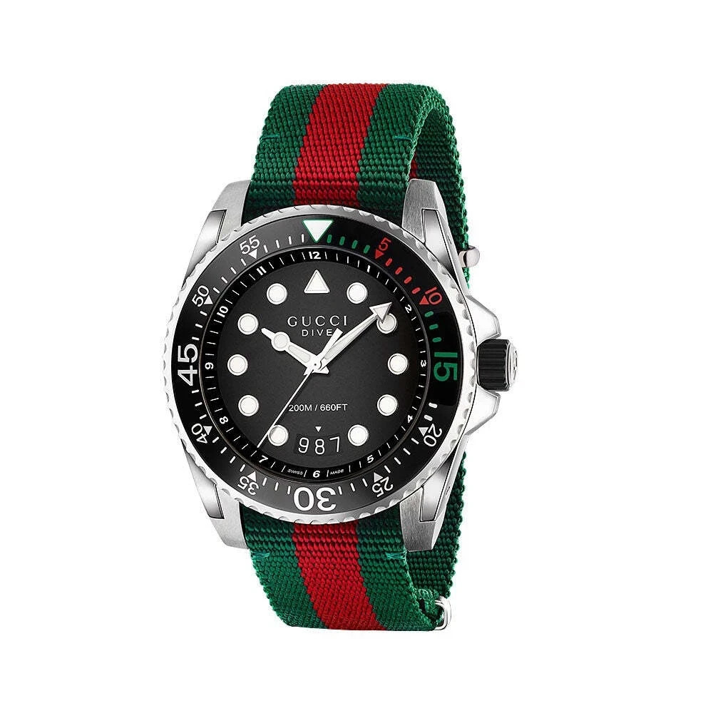 Gucci Dive SWISS Quartz Black Dial Red Green Nylon Strap Men’s Watch YA136209