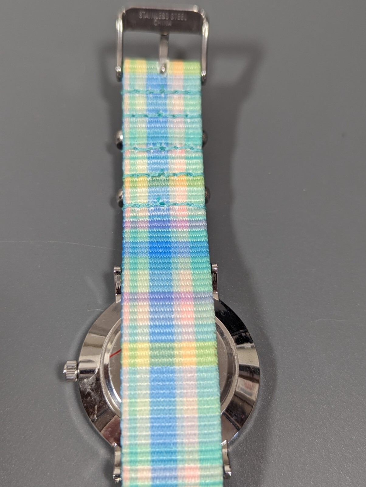 Isaac Mizrahi Live Silver Tone Dial Round Case Blue Green Pink Canvas Band Watch
