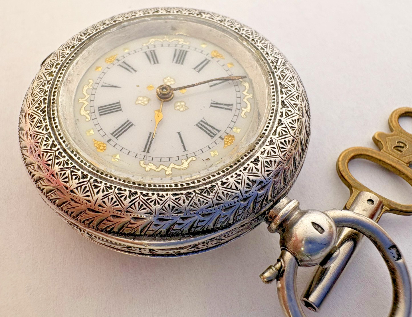 ANTIQUE 1880 VICTORIAN HAND PAINTED & HIGHLY ENGRAVED SILVER POCKET WATCH