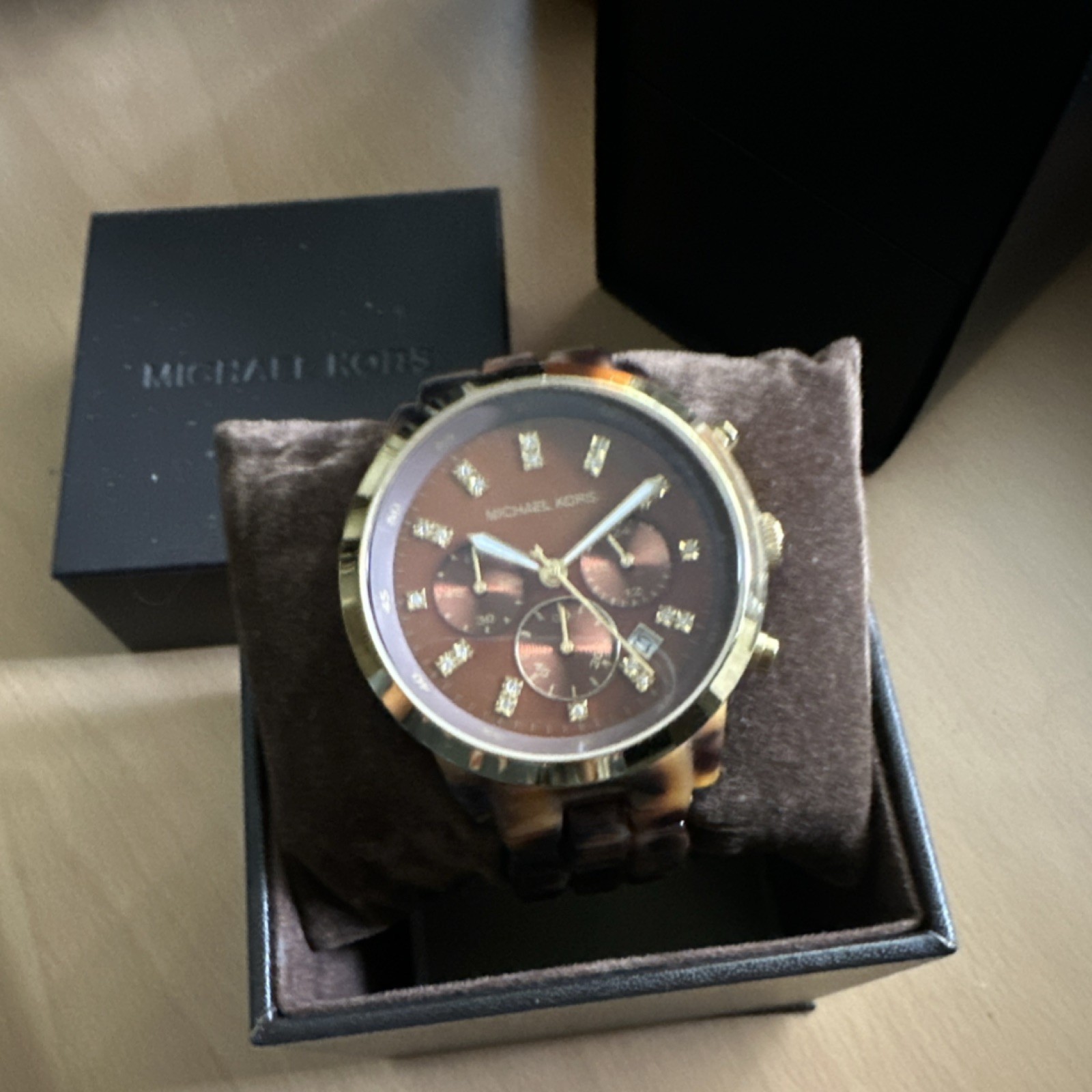Michael Kors Chronograph Women’s Brown Dial Gold Bracelet Watch Gemstone Markers