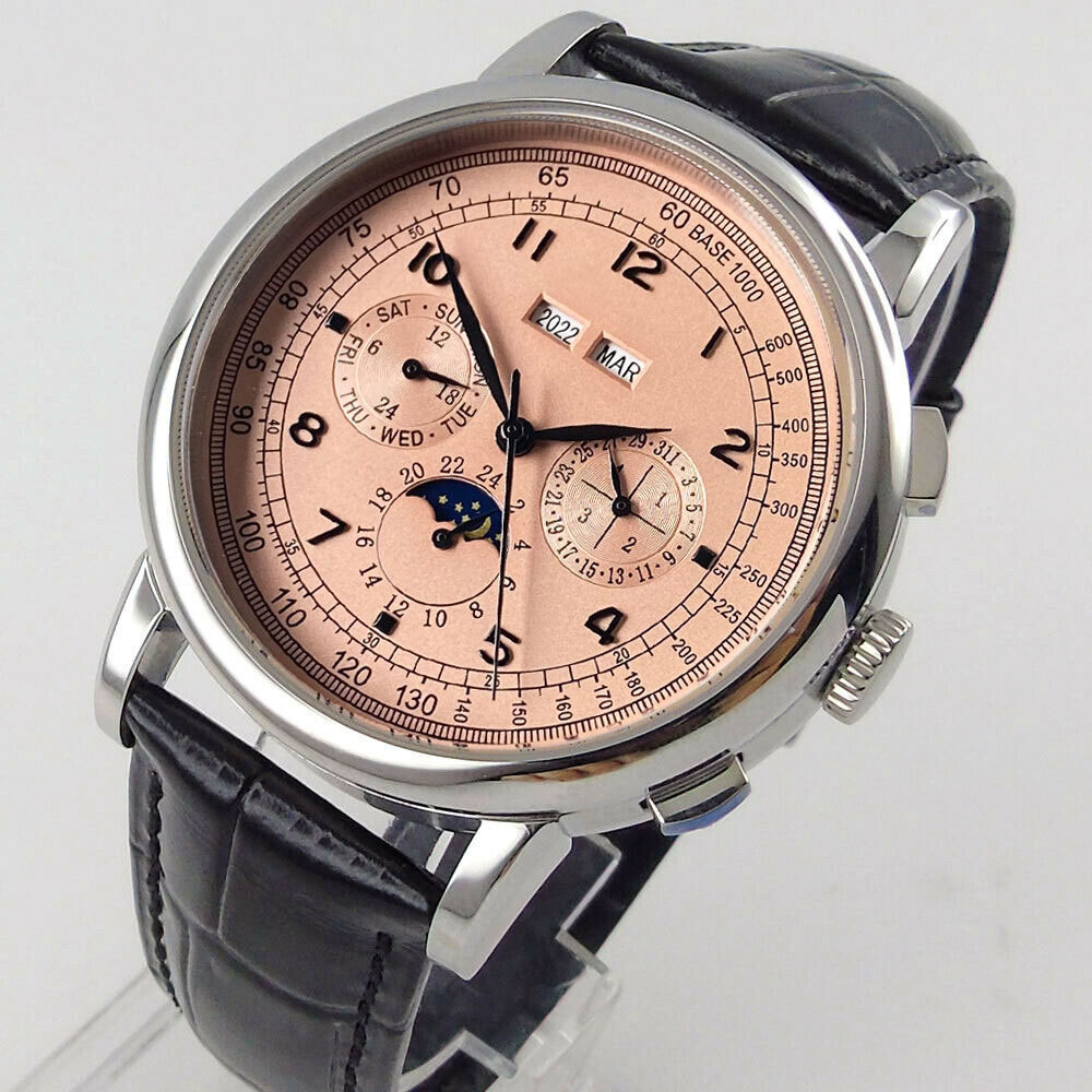 42mm corgeut sterile pink dial day multifunction Sea-gull automatic mens watch