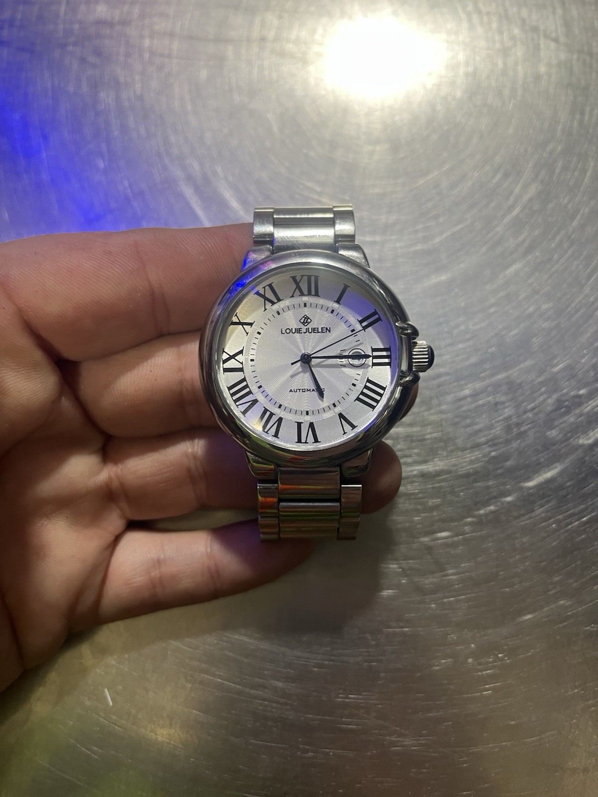 Louie Juelen Men’s Automatic Dress Watch 34mm Roman Date 100M Expo Back