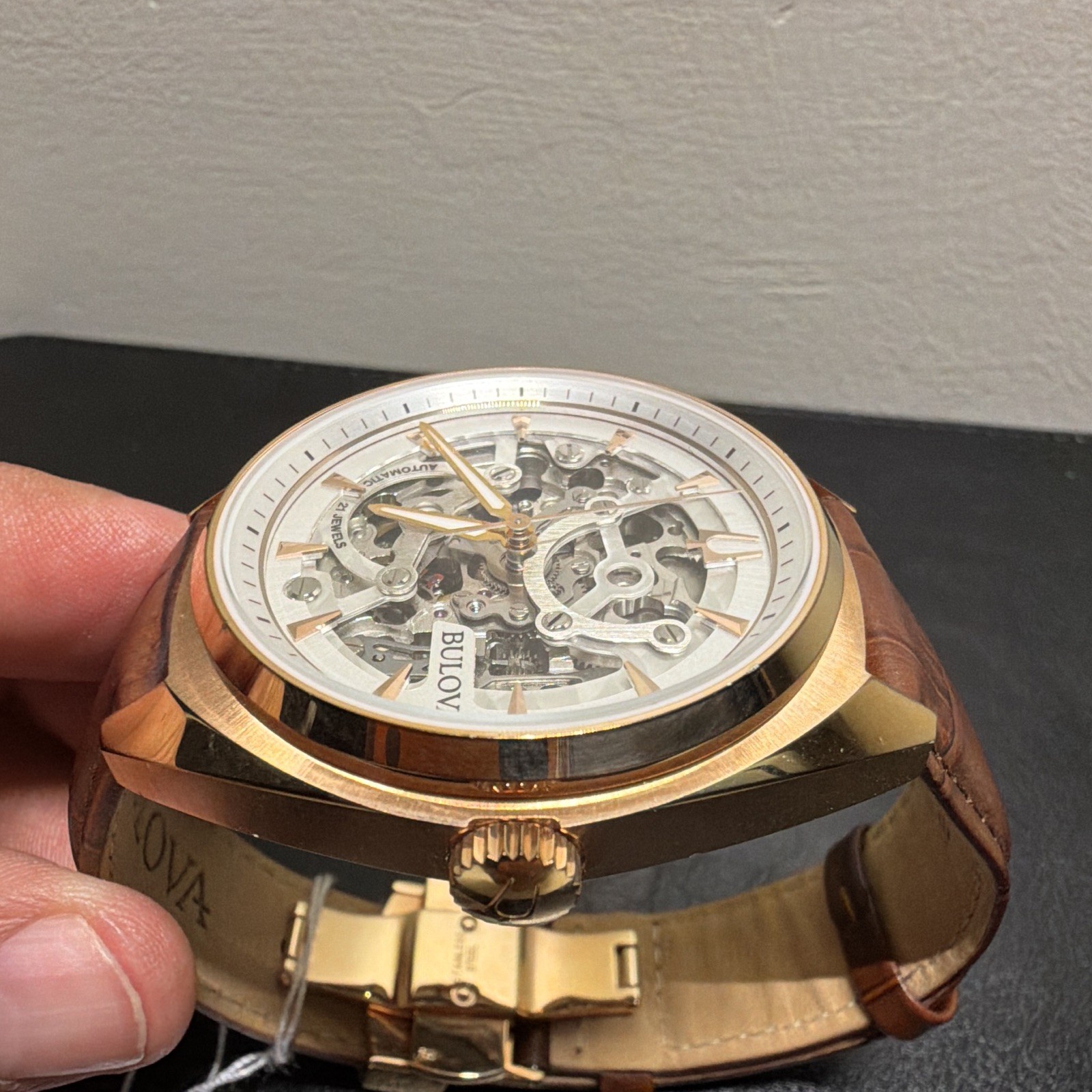 Bulova 97A175 Automatic Skeleton Dial Gold Tone Case 41mm Brown Leather 30m