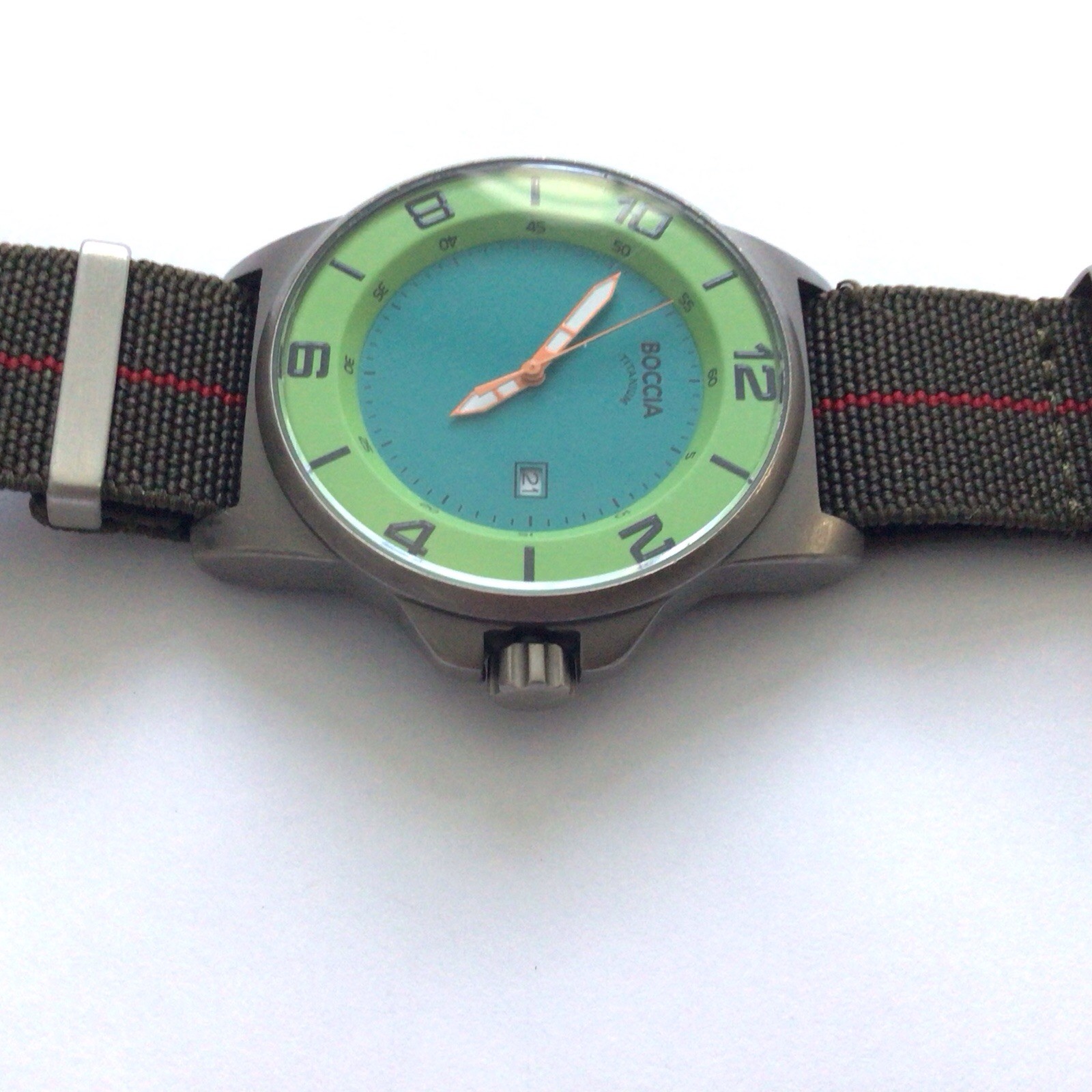 Boccia ID Titanium Men’s Two Tone Green Blue Watch Brown Stretch Canvas Band