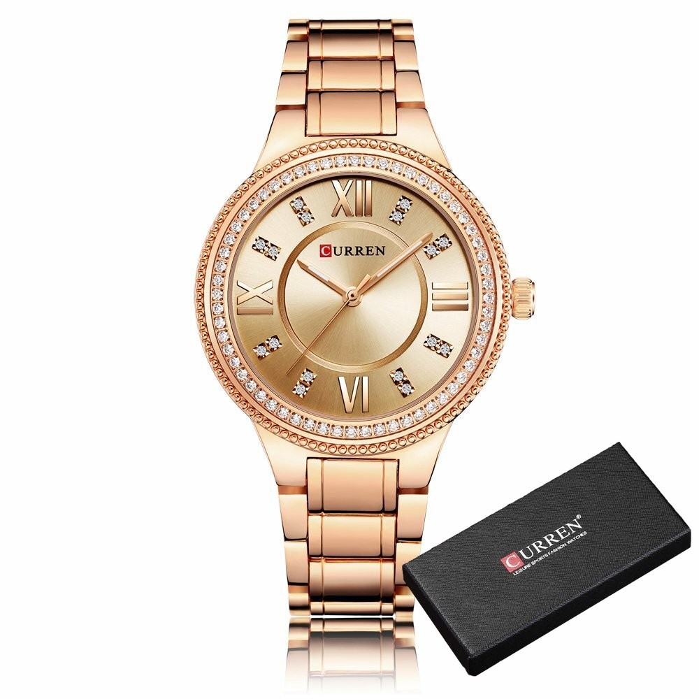 Luxury Women Fashion Rhinestone Stainless Band Roman Word Dress Quartz Watches
