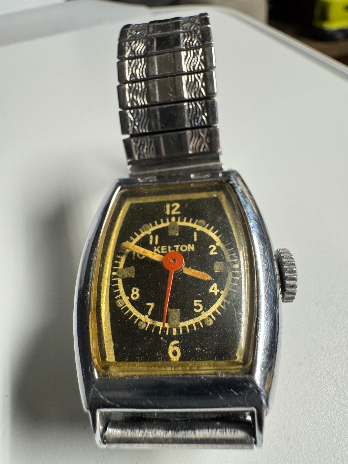 US Time/Kelton Vintage Black Dial Wind Up Tank Watch 26MM Runs Good