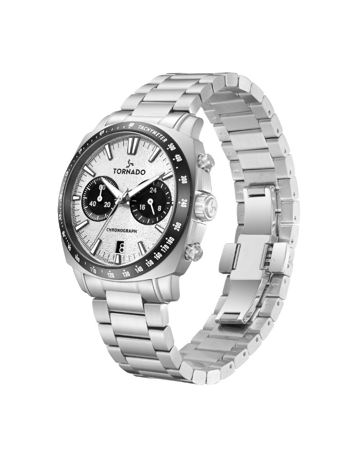 Tornado Men’s Chronograph Watch | White Dial, Silver Band, 42mm, 100 m (10 ATM)