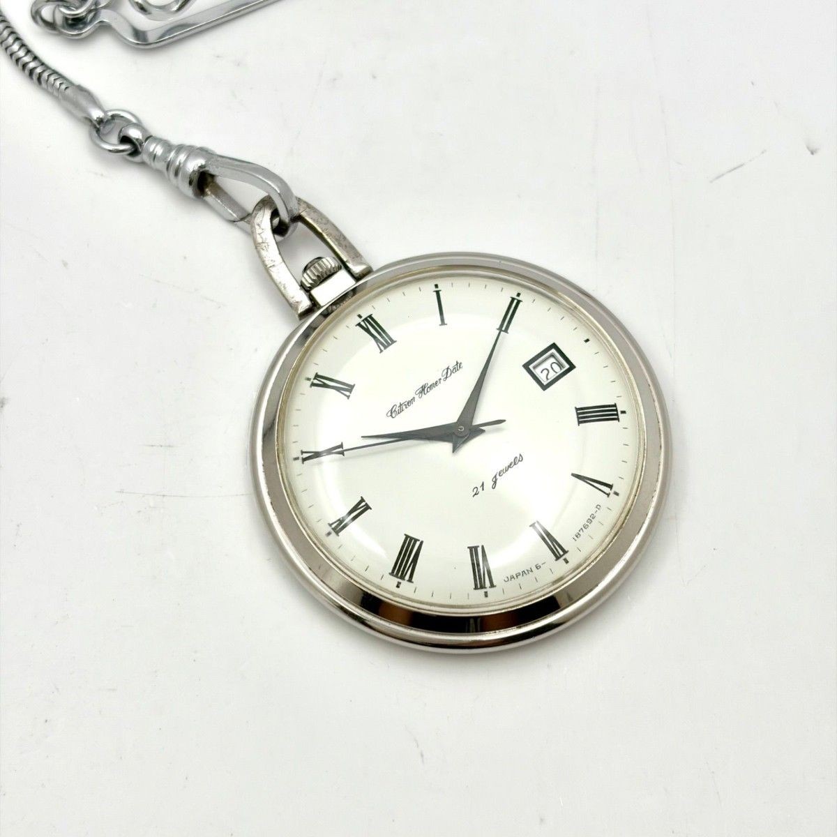Citizen Homer Date Mechanical Hand Wind Pocket Watch Silver White Dial 43mm