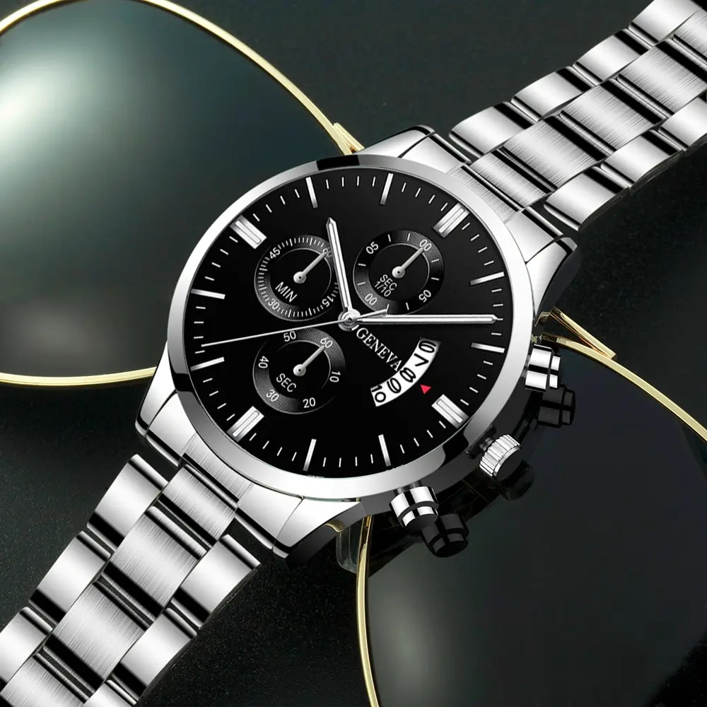 Luxury Men’s Silver Stainless Steel Quartz Business Watch with Calendar