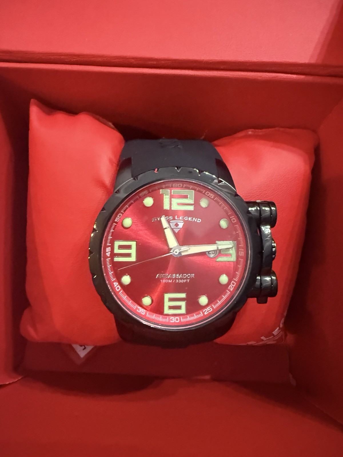 Swiss Legend Ambassador Men’s Quartz Red Dial Black Rubber Strap Date w/ Box