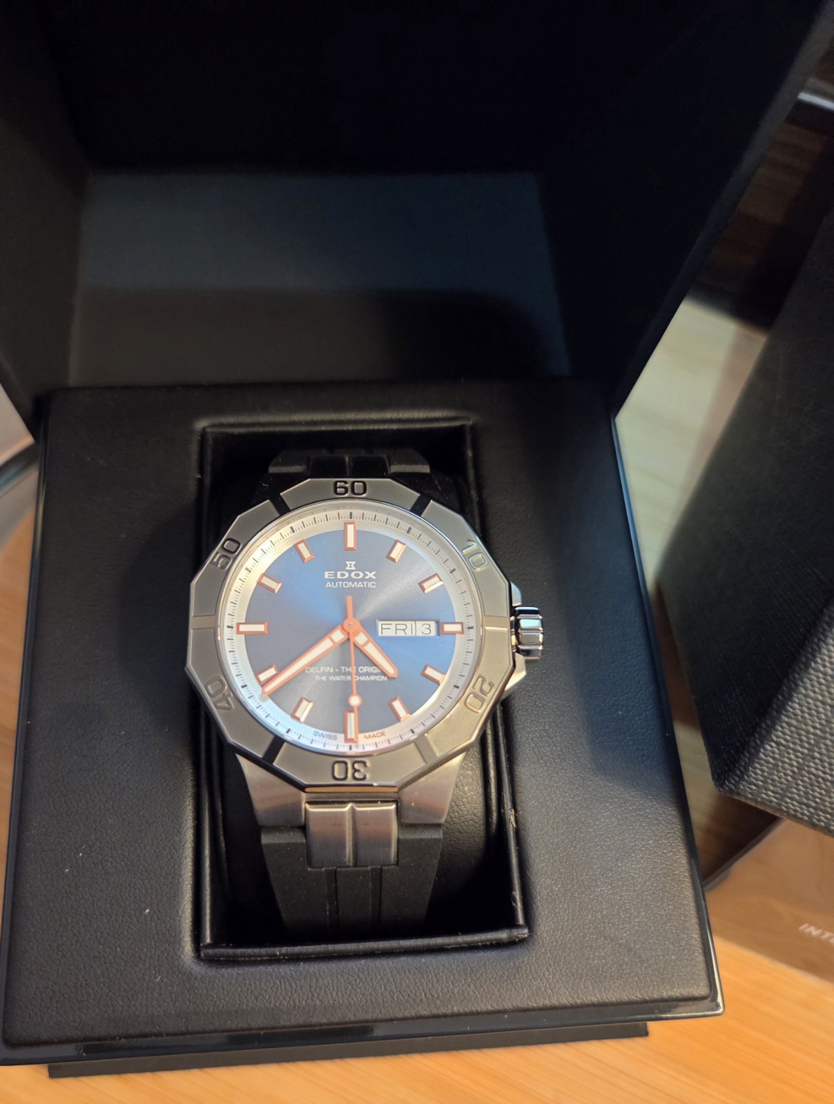 Edox Delfin Automatic 43mm Blue Sunburst Dial