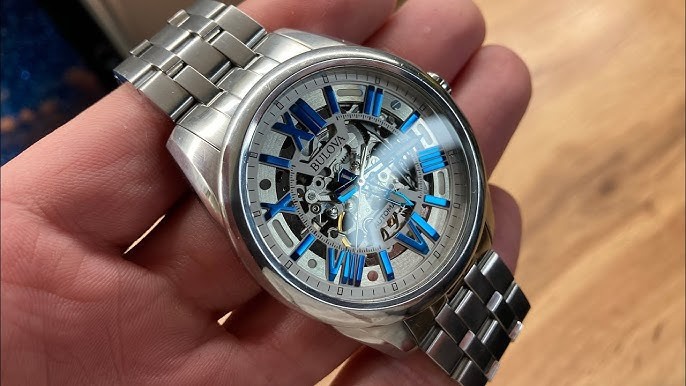 NEW BULOVA MEN’S SUTTON AUTOMATIC SKELETON BLUE ACCENT DIAL WATCH 96A187