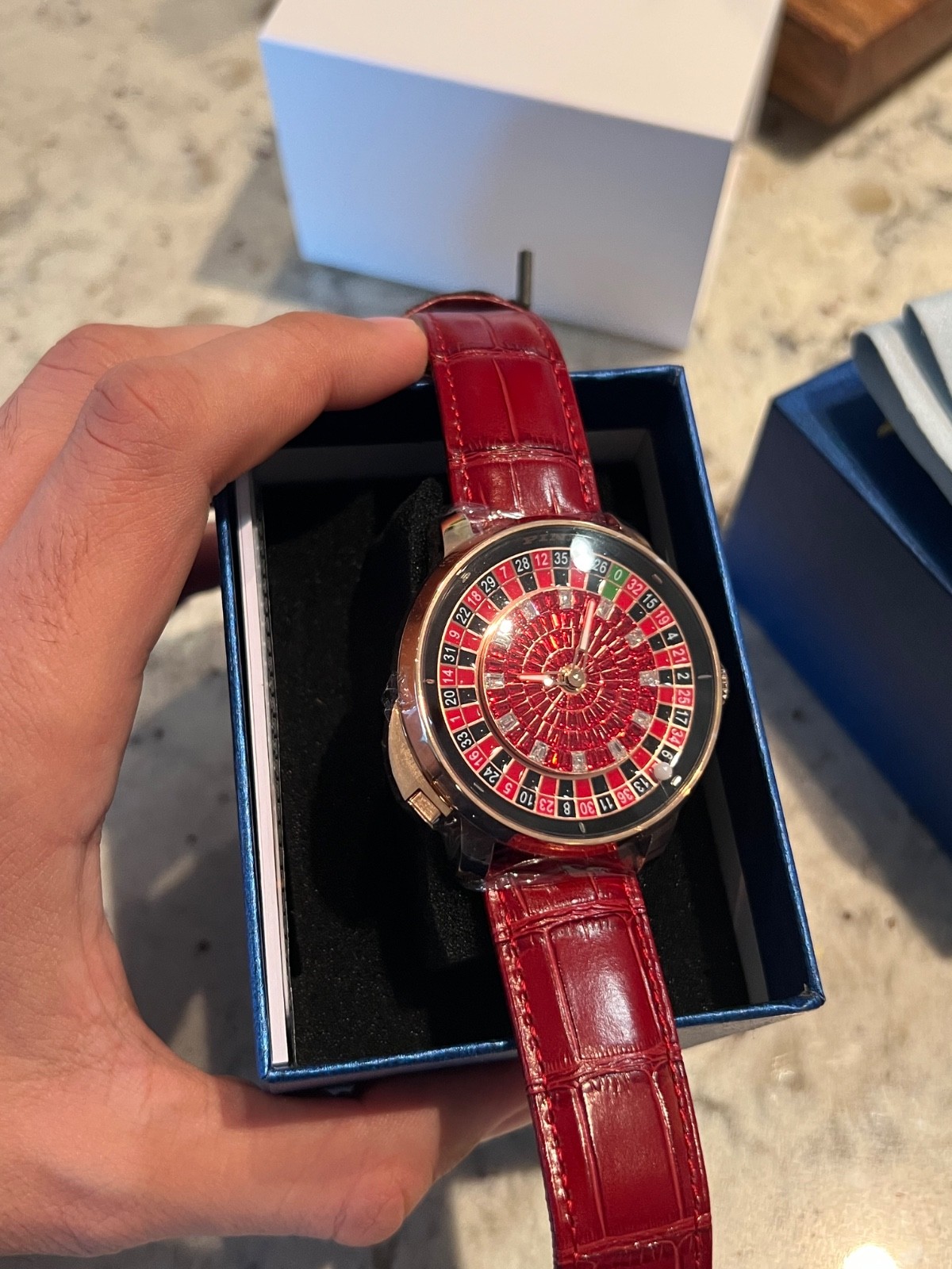PINDU Men’s Automatic Watch 46mm Casino Roulette Leather Strap Dress Watch