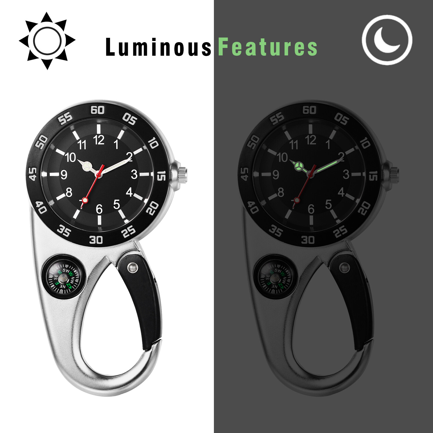 Luminous Carabiner Watch Clip On Backpack Belt FOB Quartz Sports Watch Outdoors