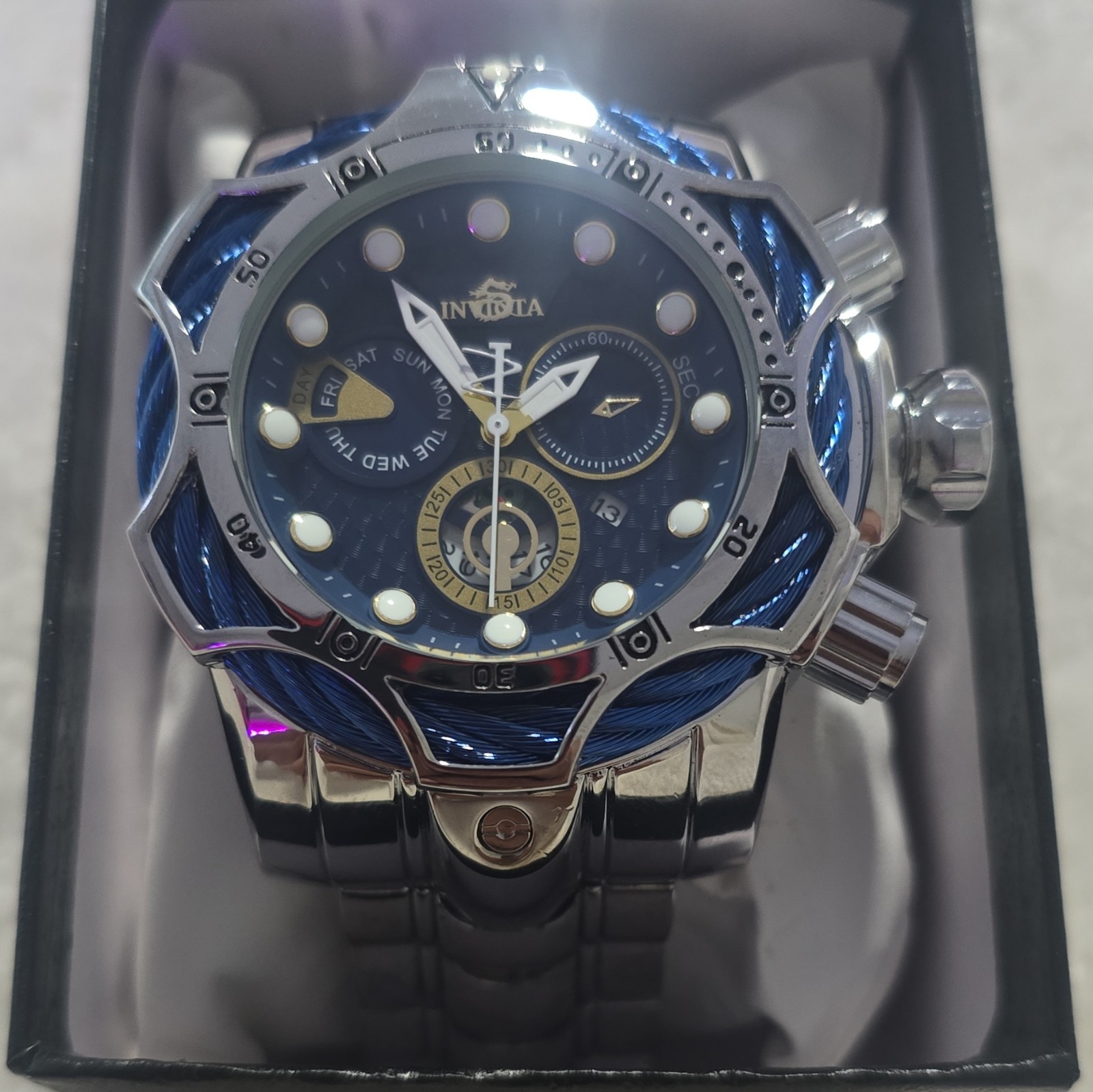 Invicta Bolt Men’s Quartz Blue Textured Dial Silver Bracelet Day/Date Box