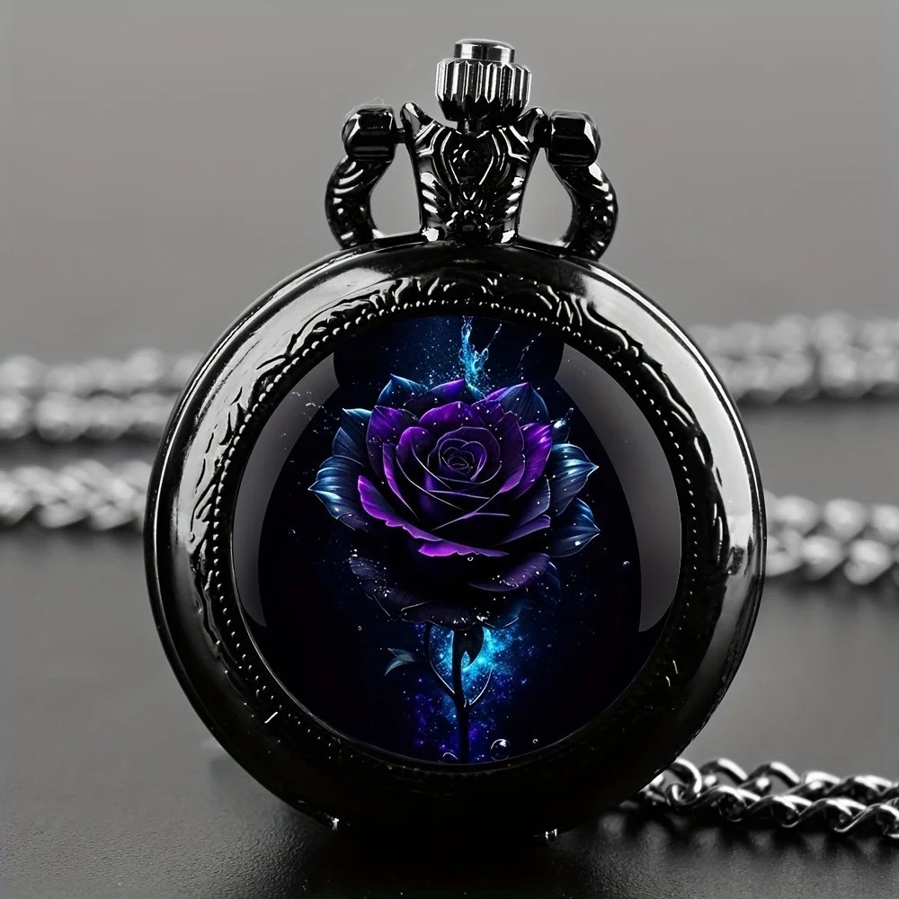 Purple Rose Quartz Pocket Watch Black Necklace Chain Men Women Gift Retro Unique