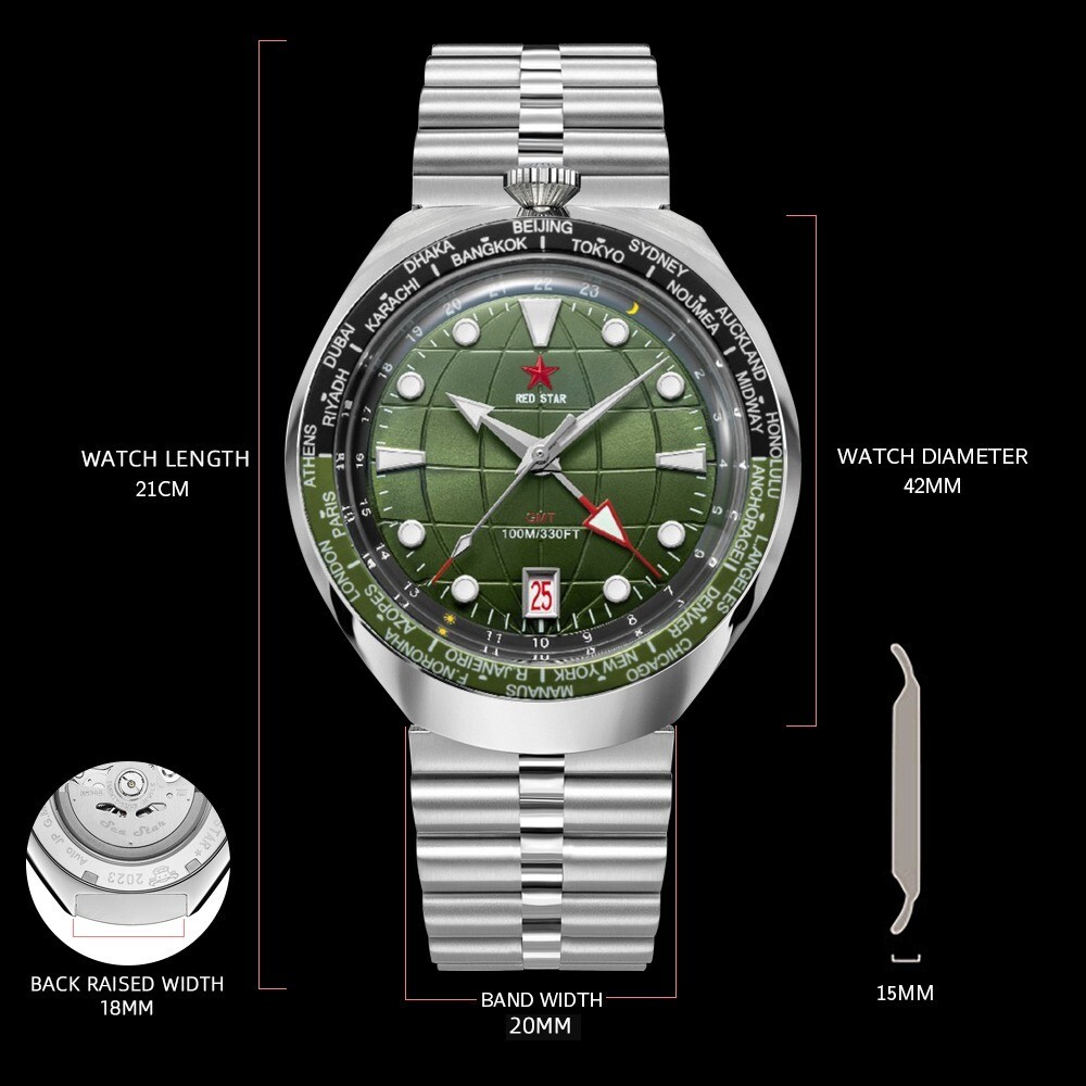 RED STAR BULLHEAD Sea Star GMT Dual Time NH34 Automatic Diver Watch 42mm 100M C3