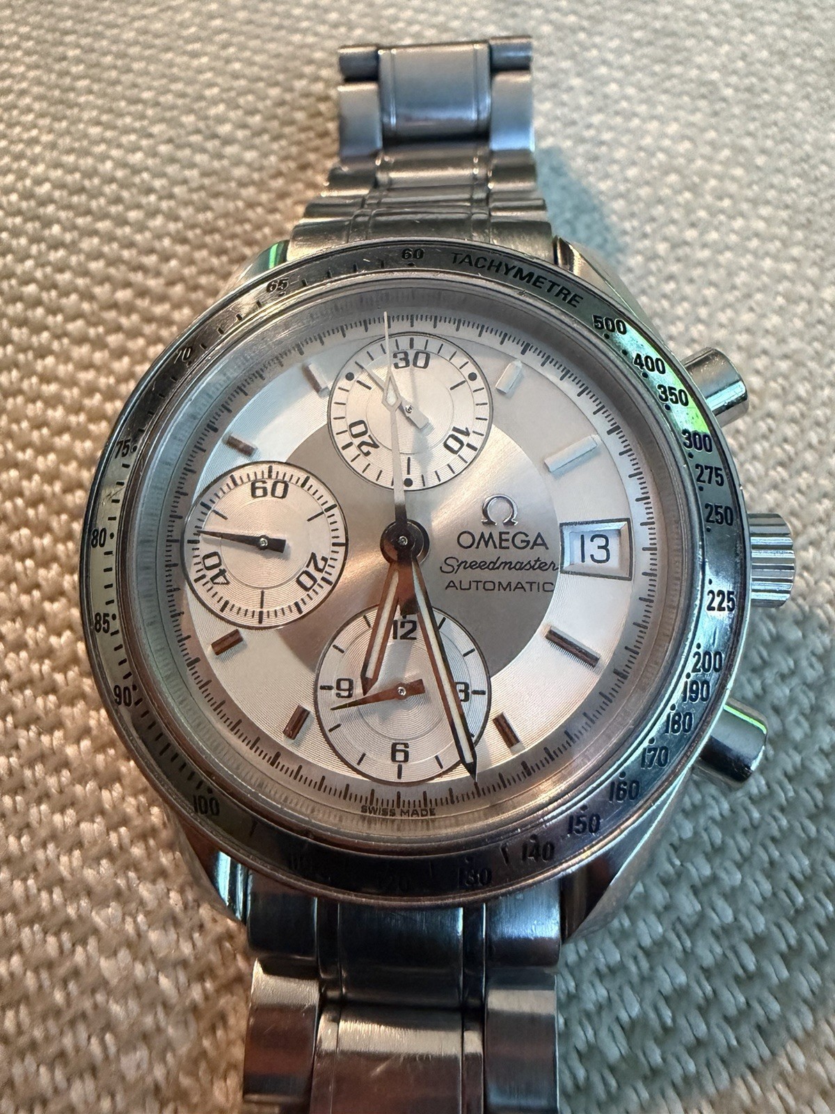 OMEGA Speedmaster Automatic Chronograph Tachymeter Date Silver Dial 38mm SS