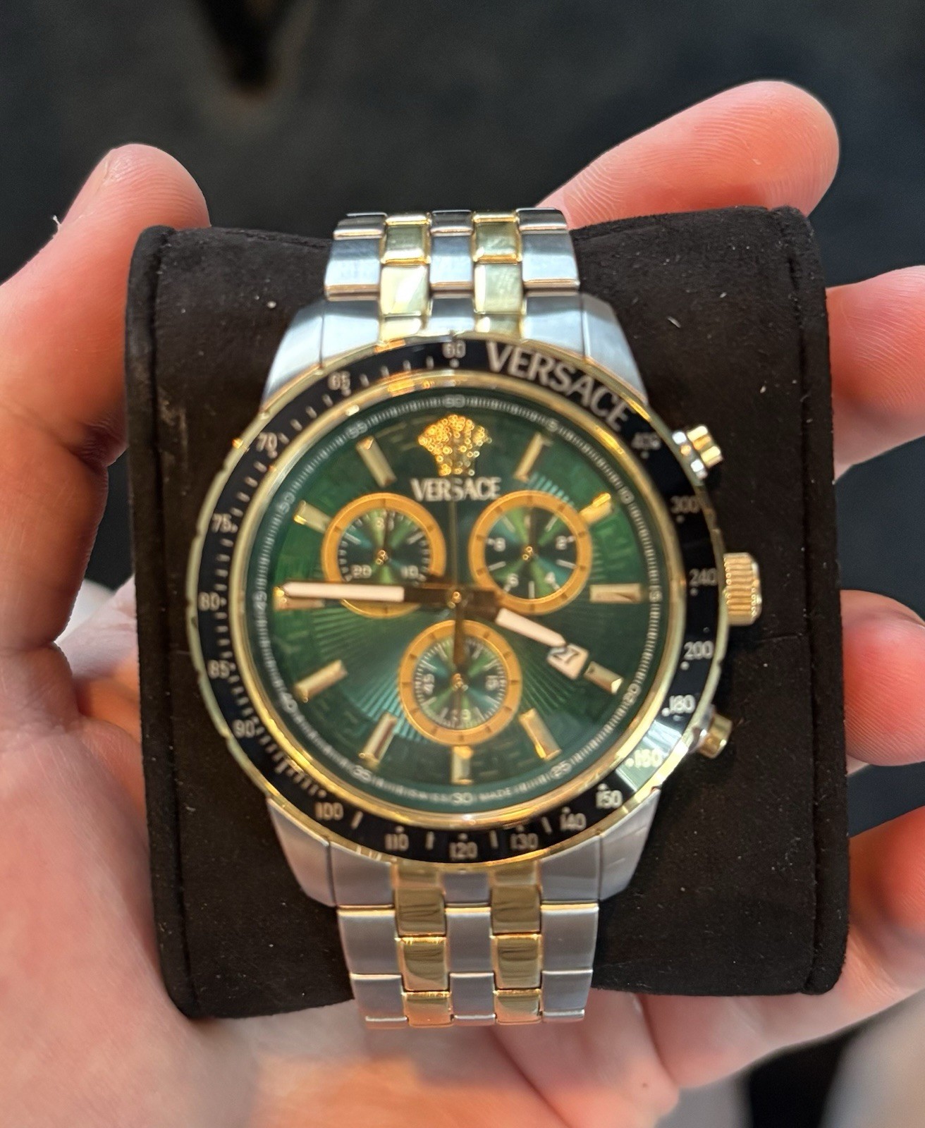 Versace Men’s Green Dial Quartz Chronograph Date Two-Tone SS Bracelet 44mm Box