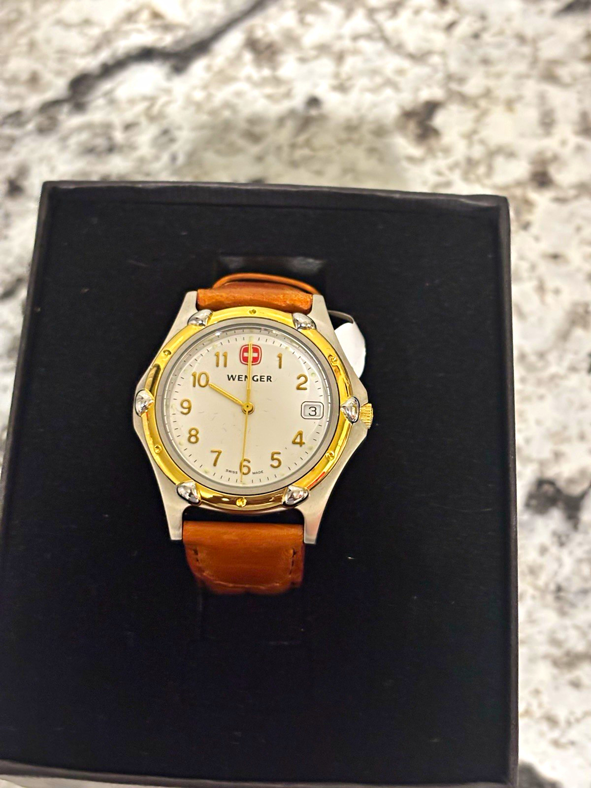 Wenger Swiss Made Quartz White Dial Arabic Date Brown Leather Strap 100m 34mm
