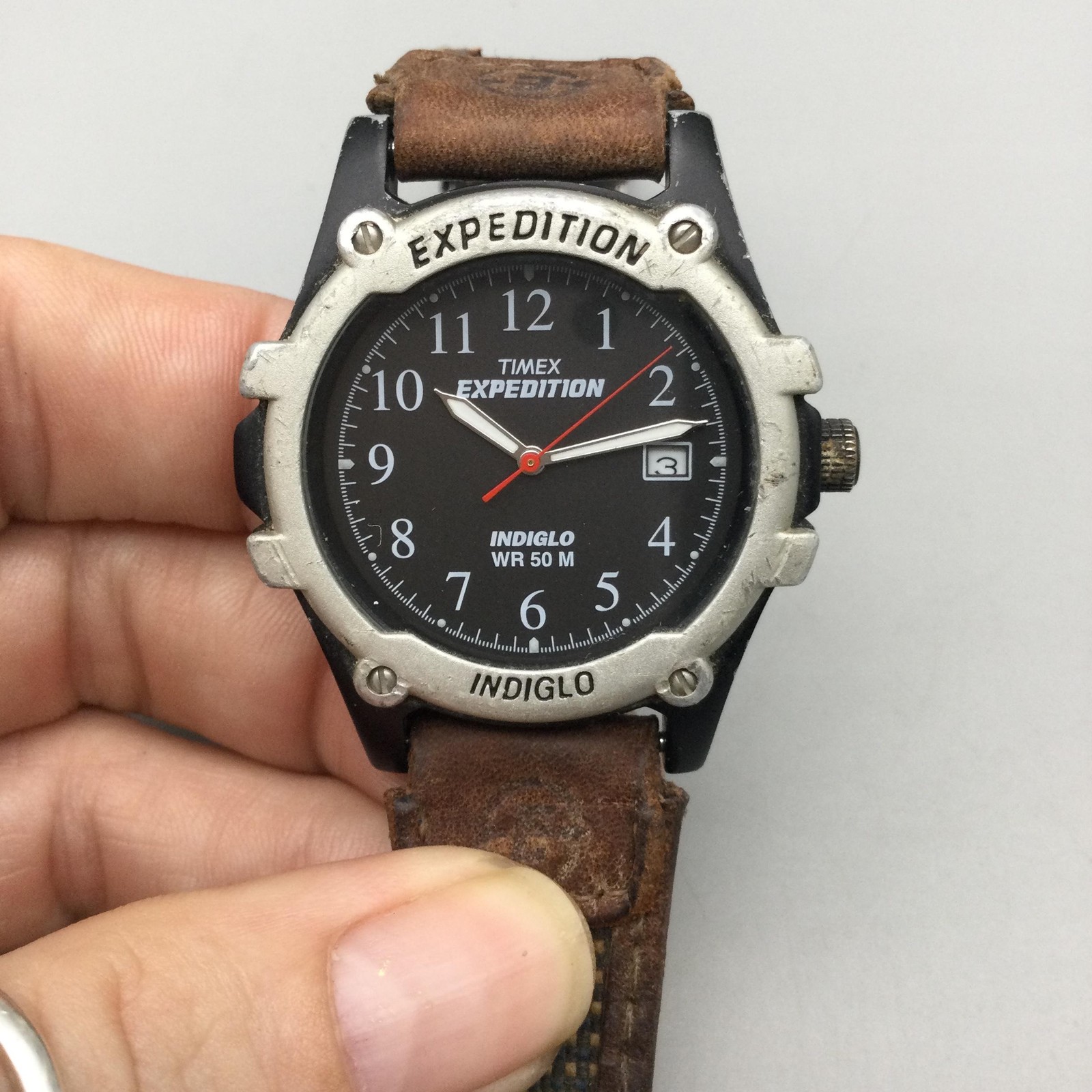 Timex Expedition Indiglo Mens Watch 39mm Black Dial Brown Leather New Battery