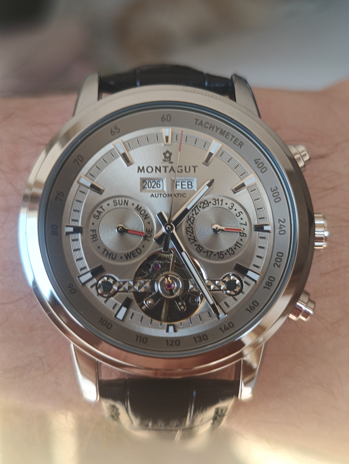Montagut Automatic Men’s Watch – Skeleton Dial, Natural Leather Strap, Luxury St