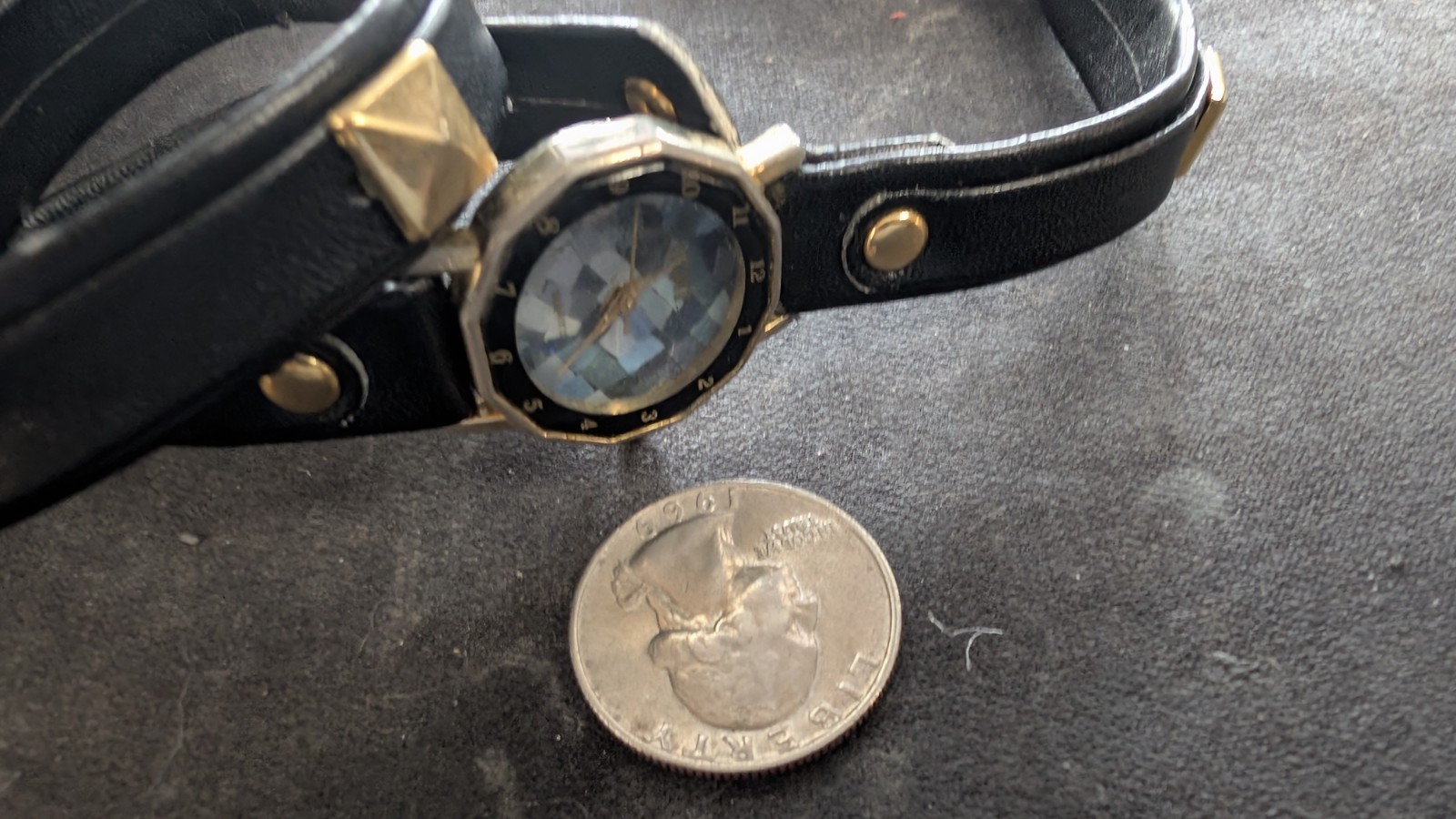 Vintage Gitano Quartz Wrap Watch Black Stud Strap Gold Tone 80s Glam Rock Style