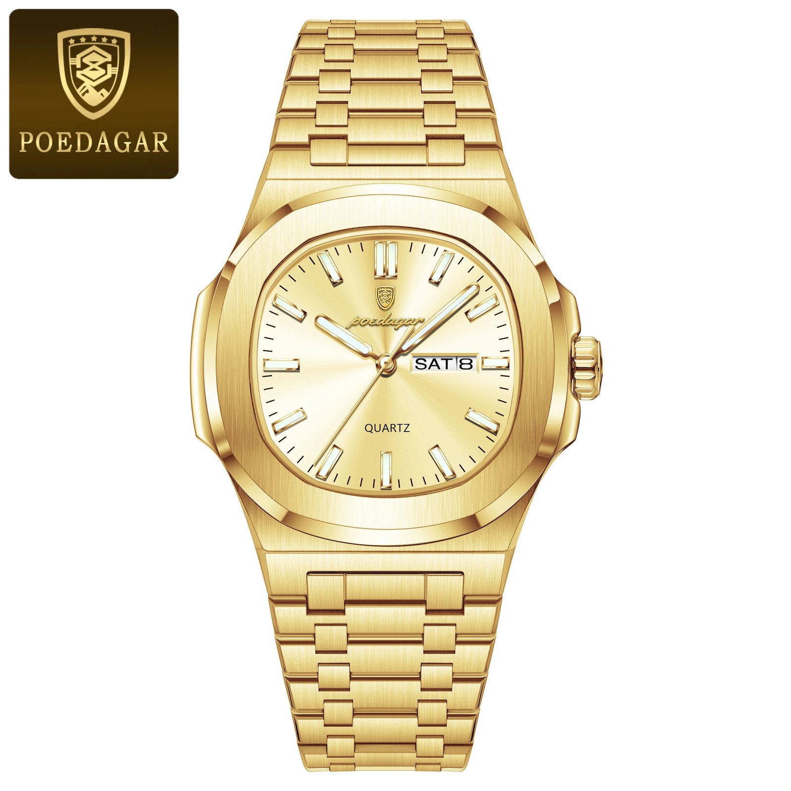 Men’s Luxury Square Dial Quartz Watch Stainless Steel Waterproof Luminous Date