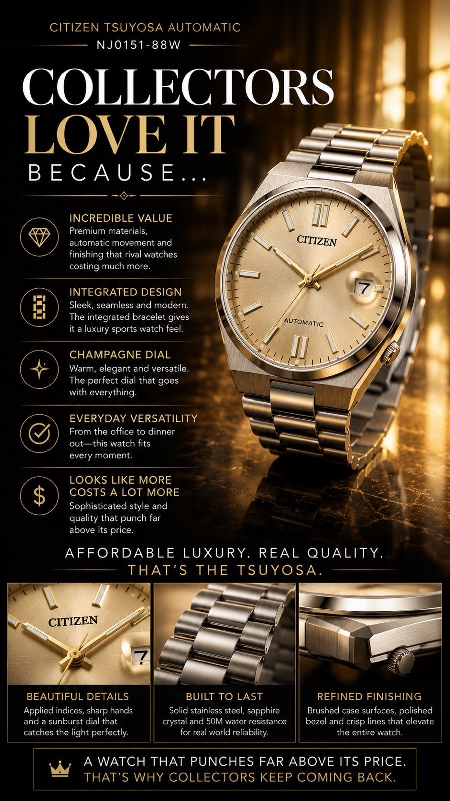 Citizen Tsuyosa NJ0151-88W Automatic 40mm Champagne Dial Sapphire Watch