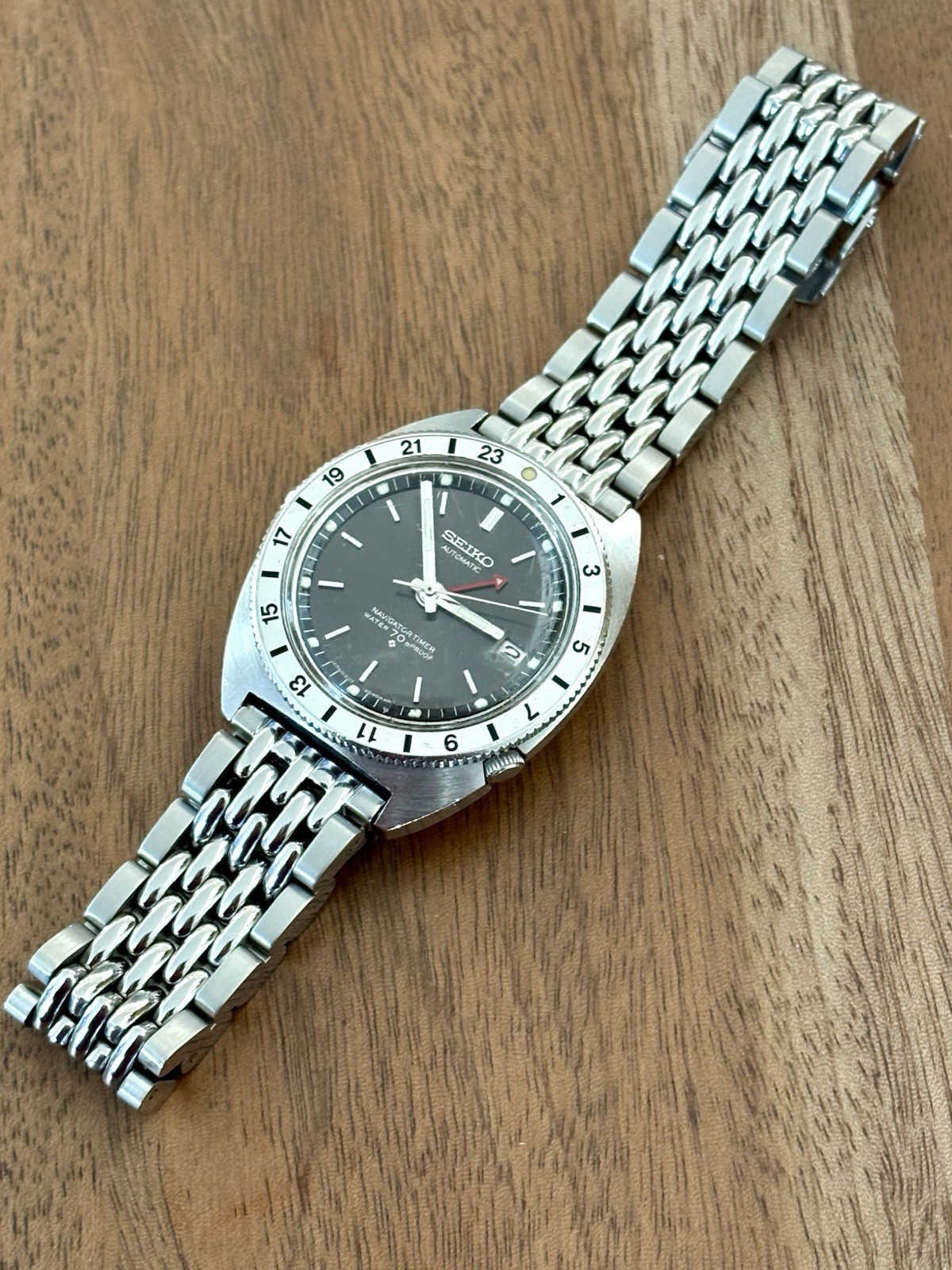 Vintage Seiko 6117-8000 Navigator Timer GMT Automatic 1970 Black Dial Watch Runs