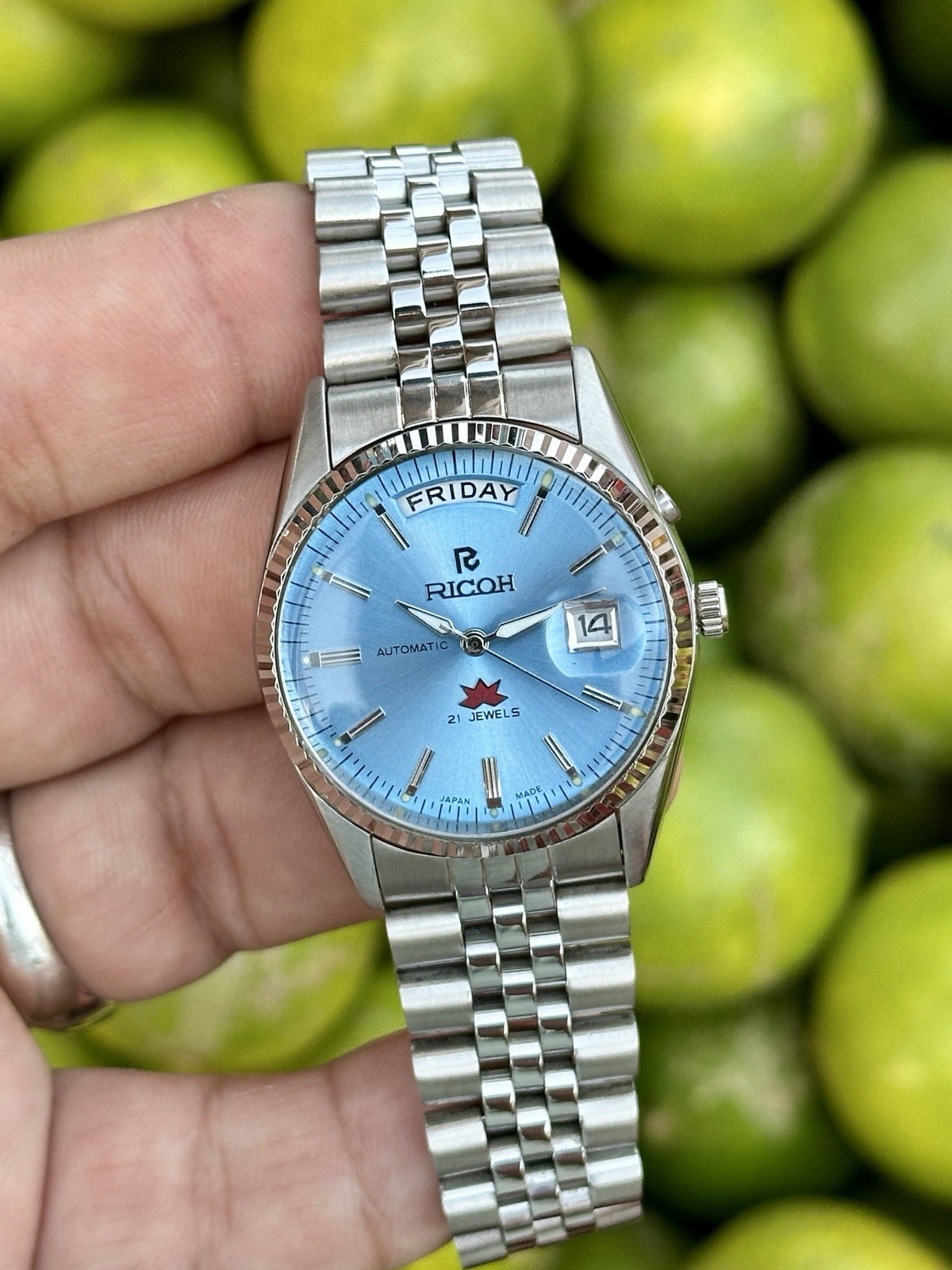 Ricoh President Automatic 21 Jewels Beauty Ice ? Blue Dial Day/Date Wristwatch
