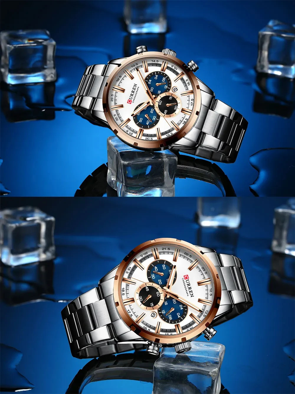 CURREN Chronograph Watch Men’s Silver Rose Gold Stainless Steel 47mm