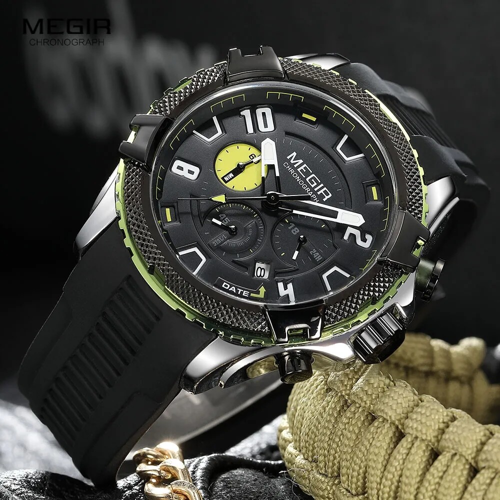 MEGIR Watch Men Waterproof Chronograph Calendar Military Male Rubber Wristwatch