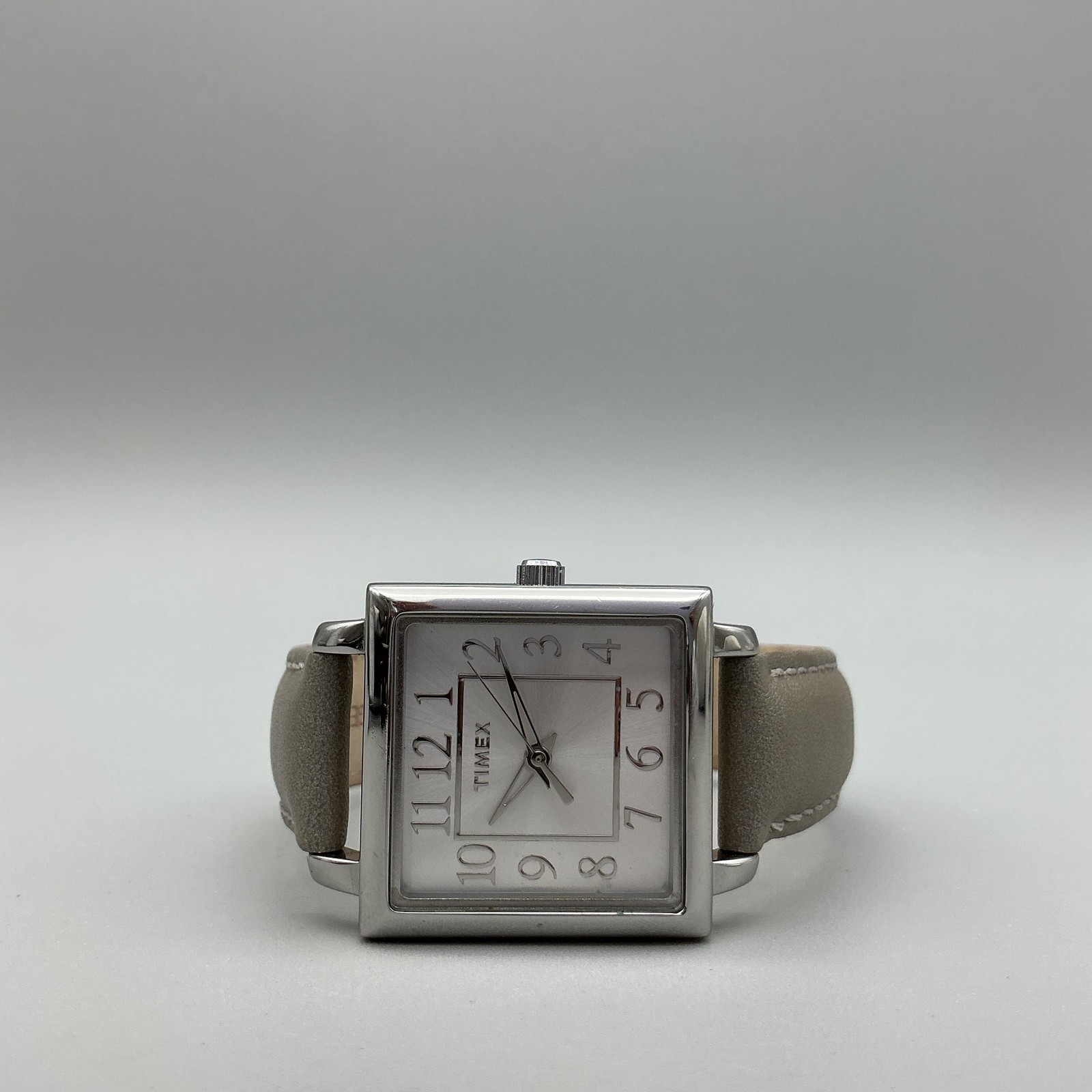 Timex Womens Watch 28mm Silver Tone Gray Leather T2P095 Square Dial